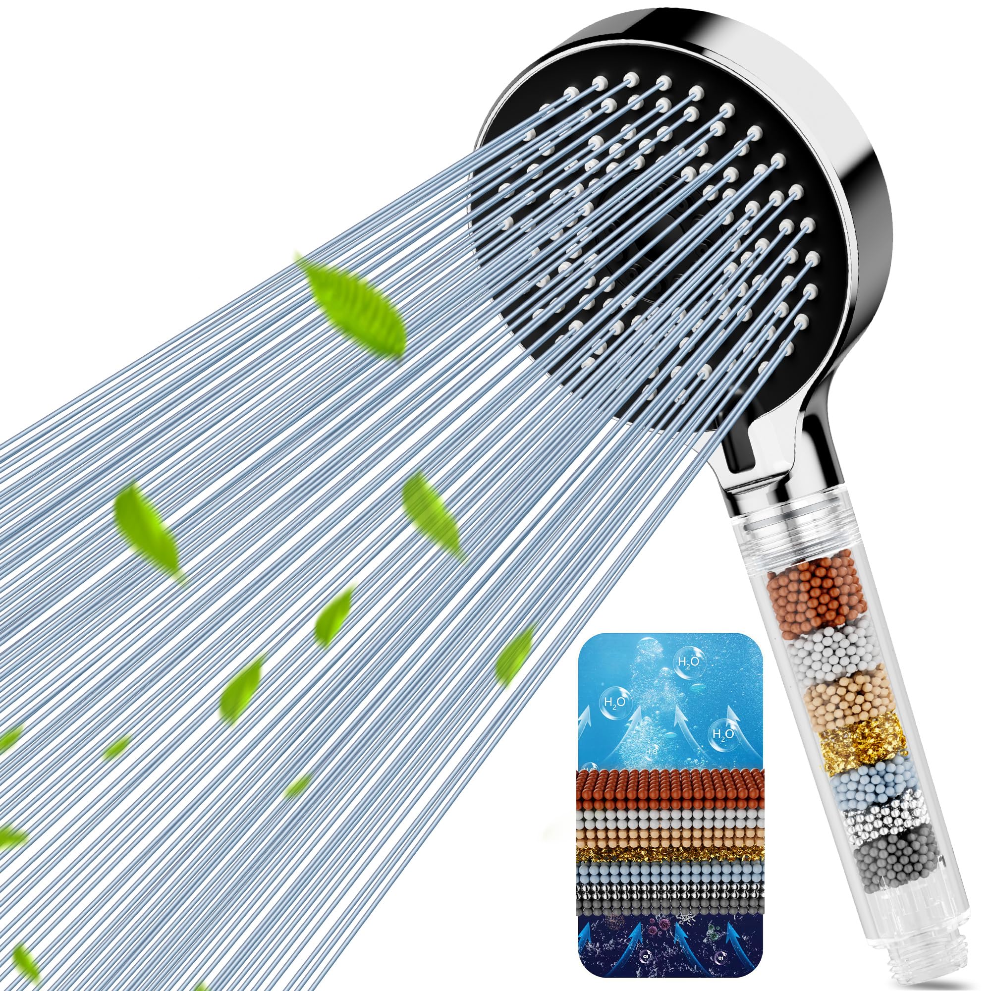 Pommeau de Douche Anti-Calcaire Multi-niveaux, 5 Modes Pommeau de Douche Filtrant Haute Pression, Universal pour Eau Dure Idéal pour Éliminer le Chlore Résiduel