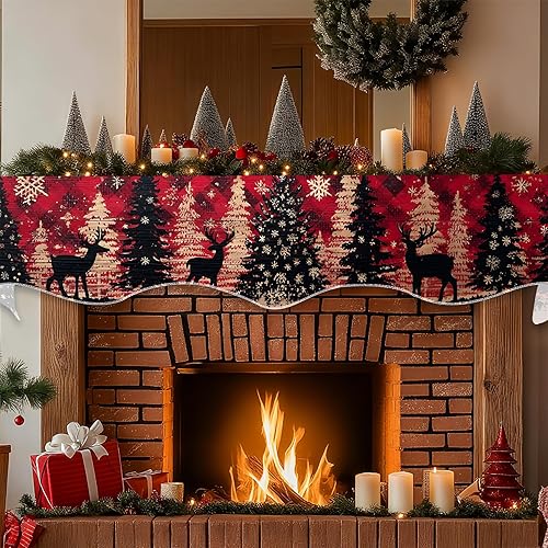 Miniatura 7 de Bufanda de Navidad para chimenea, cubierta decorativa para Navidad, invierno, mantel superior (alce del bosque navideño, 70 pulgadas de largo x 17