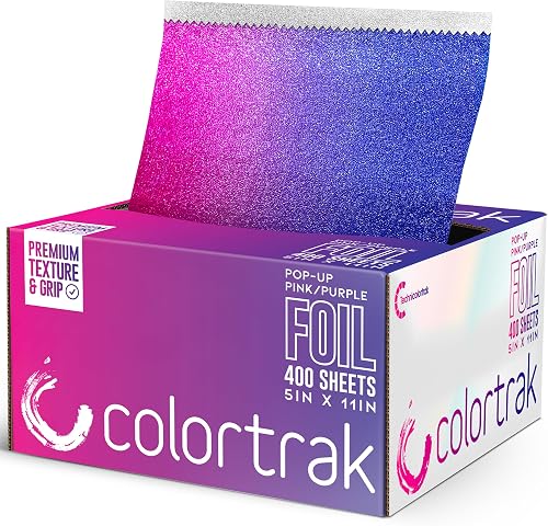 Colortrak Pink/Purple Gradient Pop-up Foil w/Dispenser (400 Count), Pre-cut Sheets, Non-Slip Embossed Texture, 5" x 10.75" Sheets for Hair Foil Coloring and Highlighting Sheet Applications