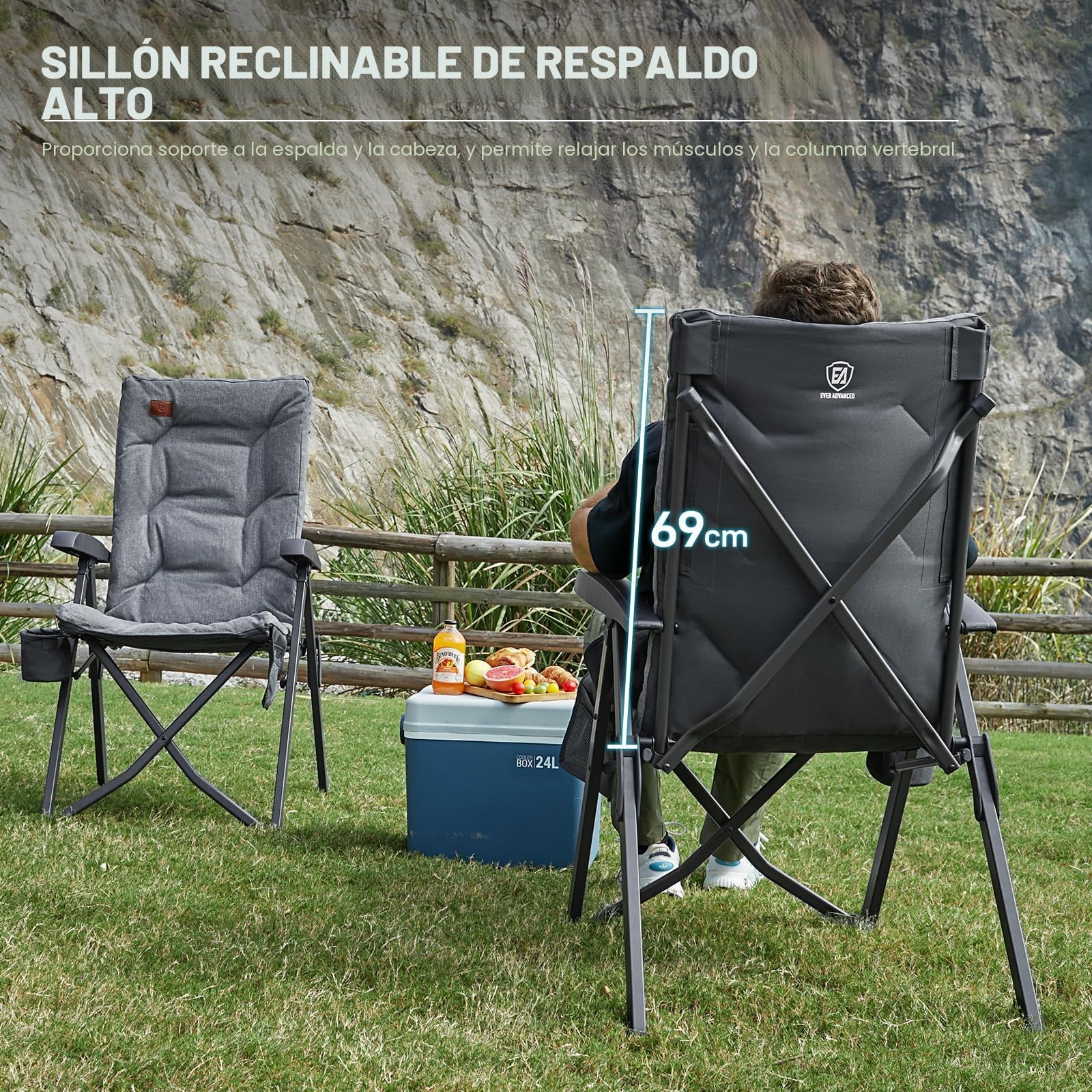 EVER ADVANCED Silla de camping plegable con respaldo ajustable en 4 posiciones hasta 150 KG Silla plegable 6 cm de grosor acolchada con bolsillo lateral y soporte para bebidas Silla de jardín con