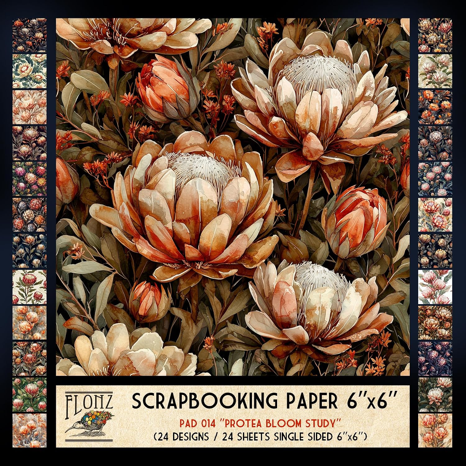 FLONZ Scrapbook Paper (24 sheets 6"x6") Vintage Blossom Birds ~ A delicate collection of floral and songbird illustrations in aged pastel tones with distressed textures and soft painterly charm