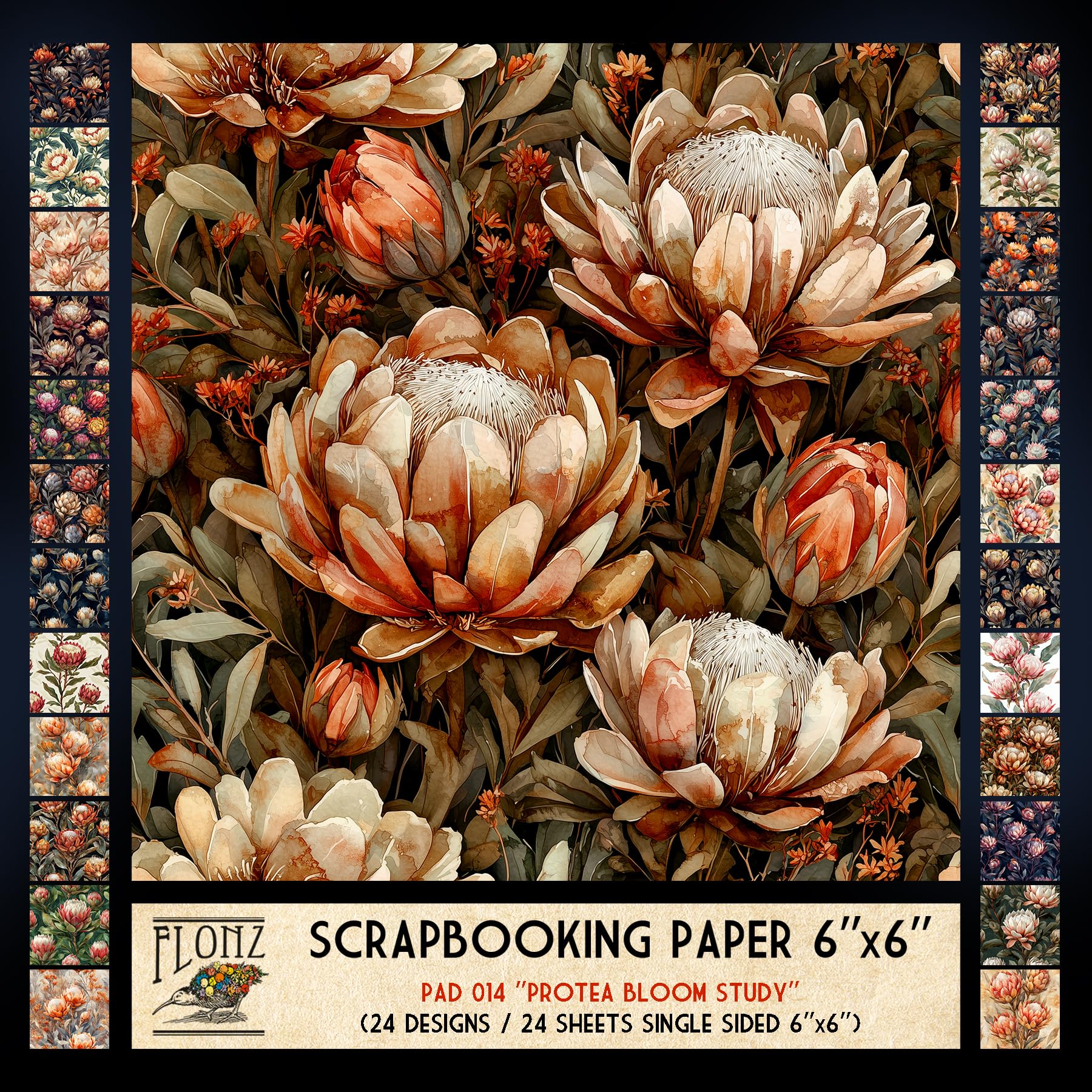 Flonz White With Multicolor Patterns Scrapbook Paper (24 Sheets 6"X6") Protea Bloom Study ~ A Striking Collection Of Protea Flower Illustrations In Richly Layered Painterly Style With Soft Gradients And Moody Botanical Tones