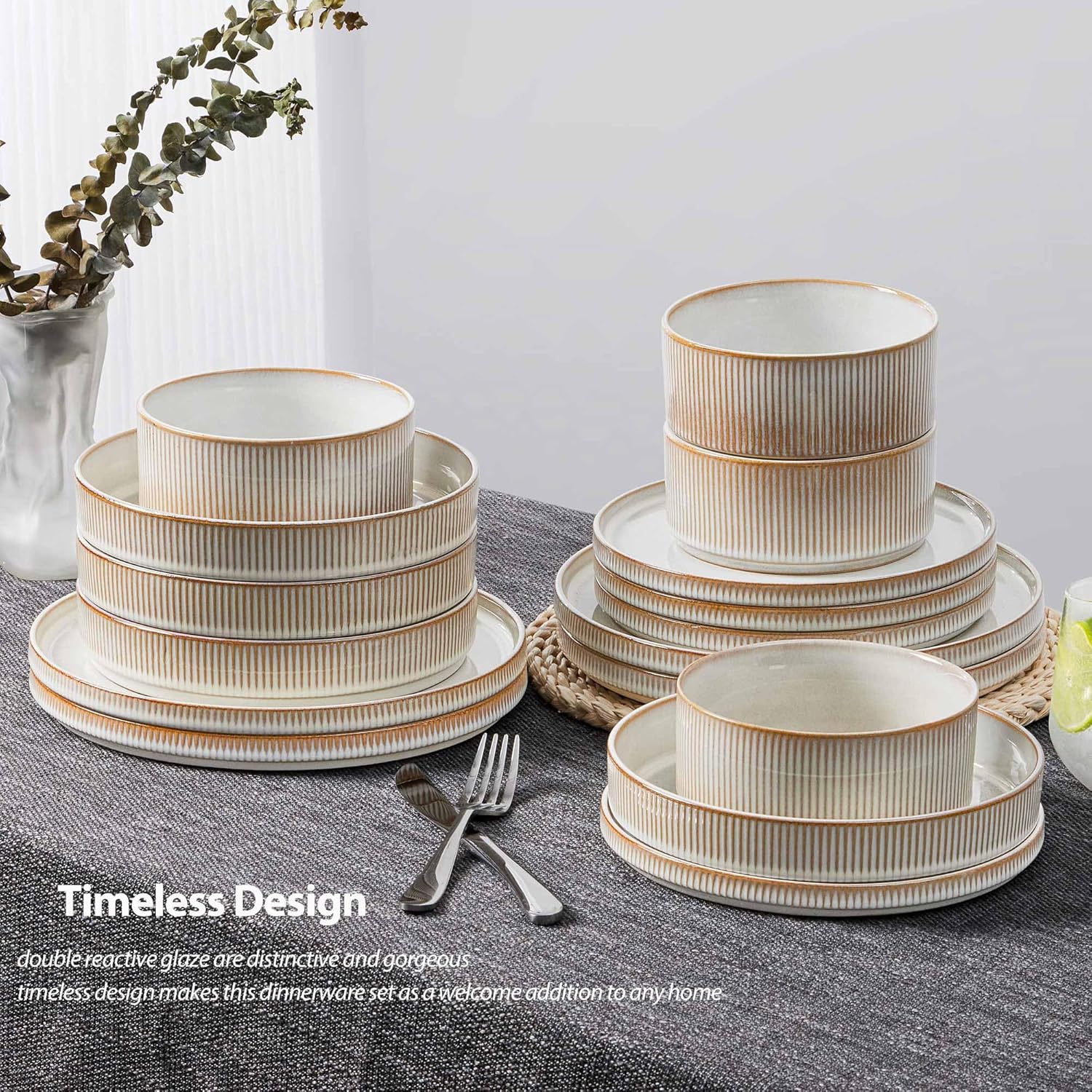 LIANYU Stoneware Dinnerware Sets with Pasta Bowls, 16 Piece Plates and Bowls Dishes Set for 4, Ribbed Dining Ware Dishware for Home, Microwave and Dishwasher Safe, Dawn Beige - Image 5
