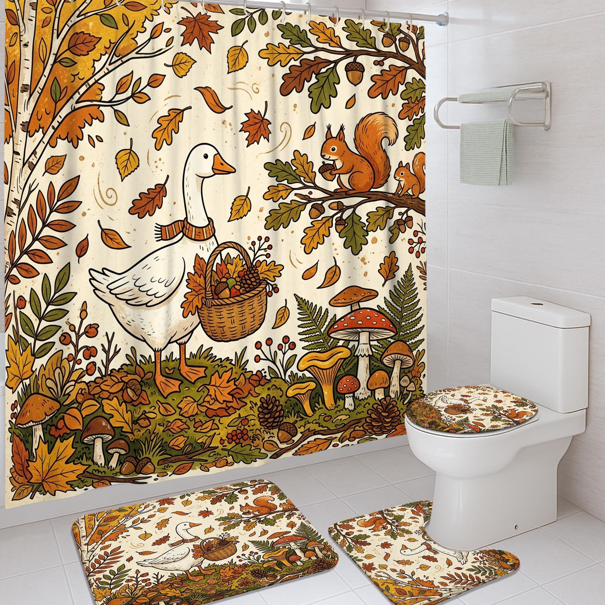 Rideau de douche écureuil orange rustique avec tapis de bain 183x183