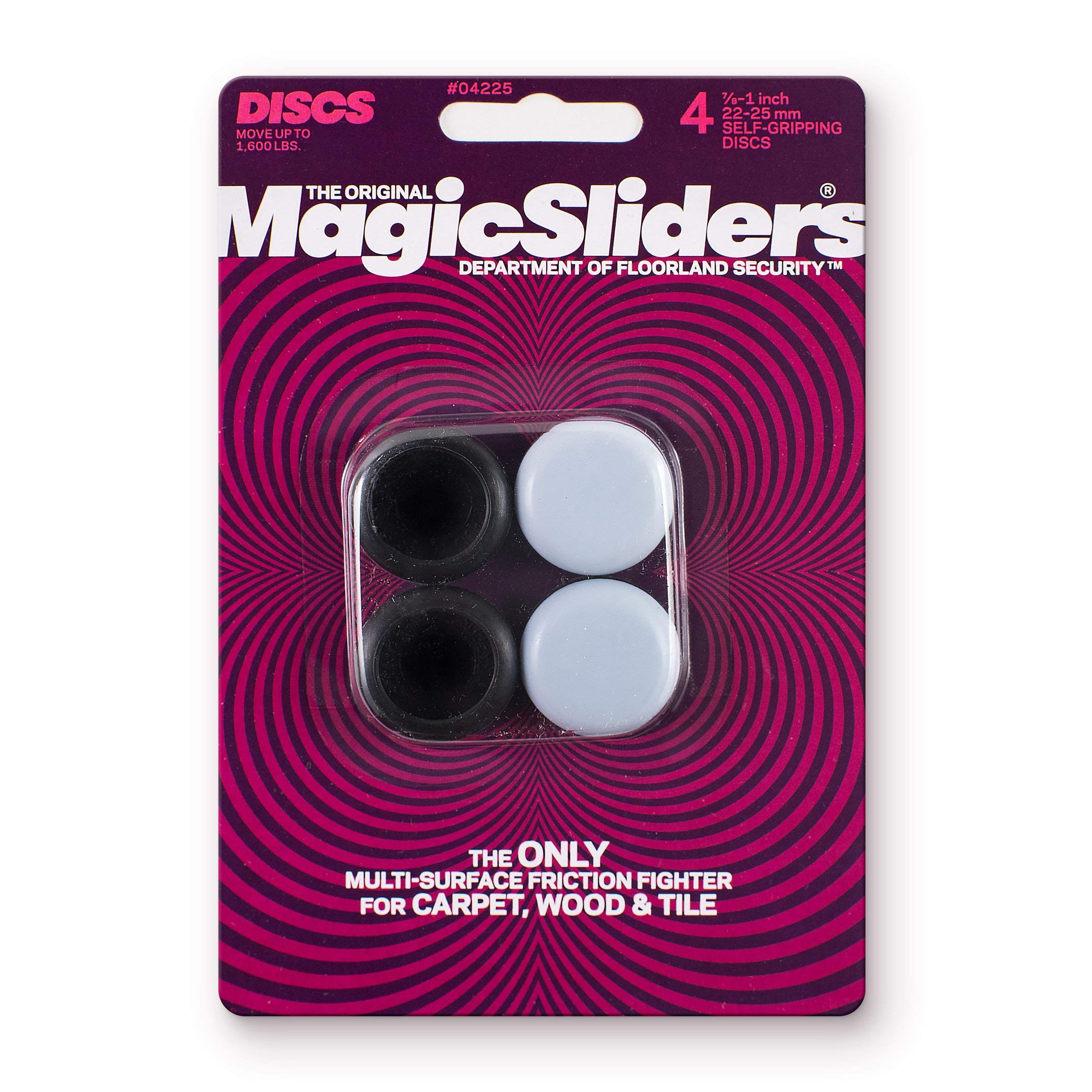 MAGIC SLIDERS -L P 4225 4 Pack 7/8"-1" RND Slider, 1 Pack, White/Black- Self-adhesive Furniture Disc Pad Sliders for Household Furniture to Protect Surfaces, Wood, Tile, Carpet, and Vinyl Floors
