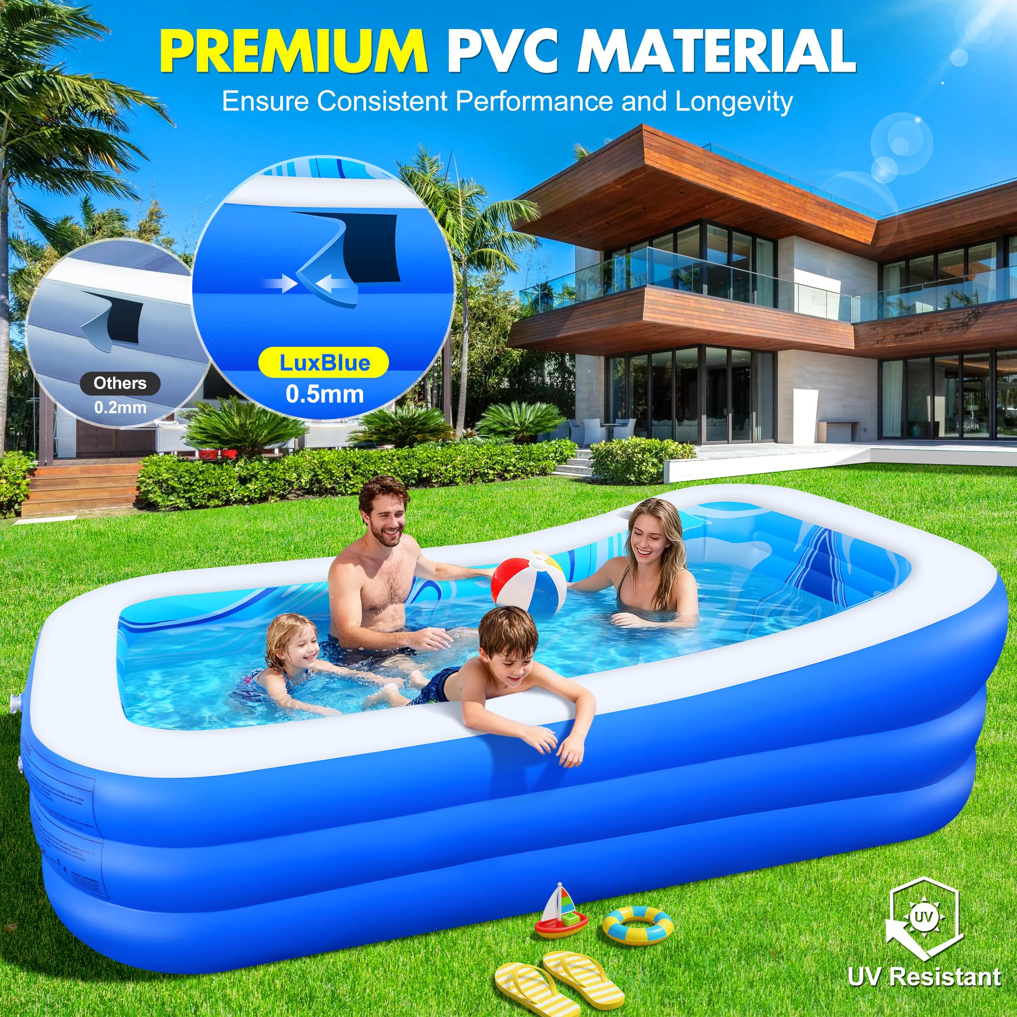 LuxBlue Piscina Hinchable Adultos, Piscina Inflable Familiar con Asiento y Respaldo, 0,5mm Espesor Grande Piscinas Hinchable Rectangular, 250*160*63cm Piscinas Insuflavel Adulto para Jardin Terraza