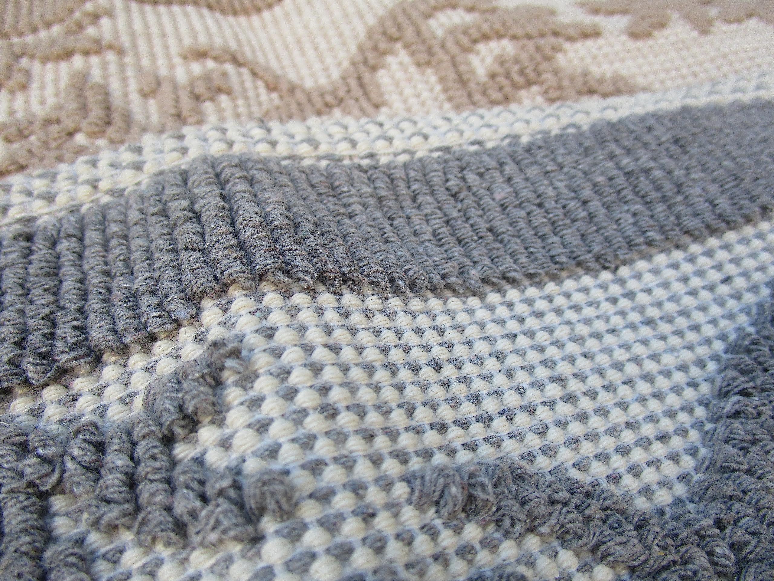 Parure Tre Pezzi Tappeto Scendiletto Stile Sardo - 100% Cotone Antiscivolo, Grigio+Beige, 60x110 Cm - Foto 5