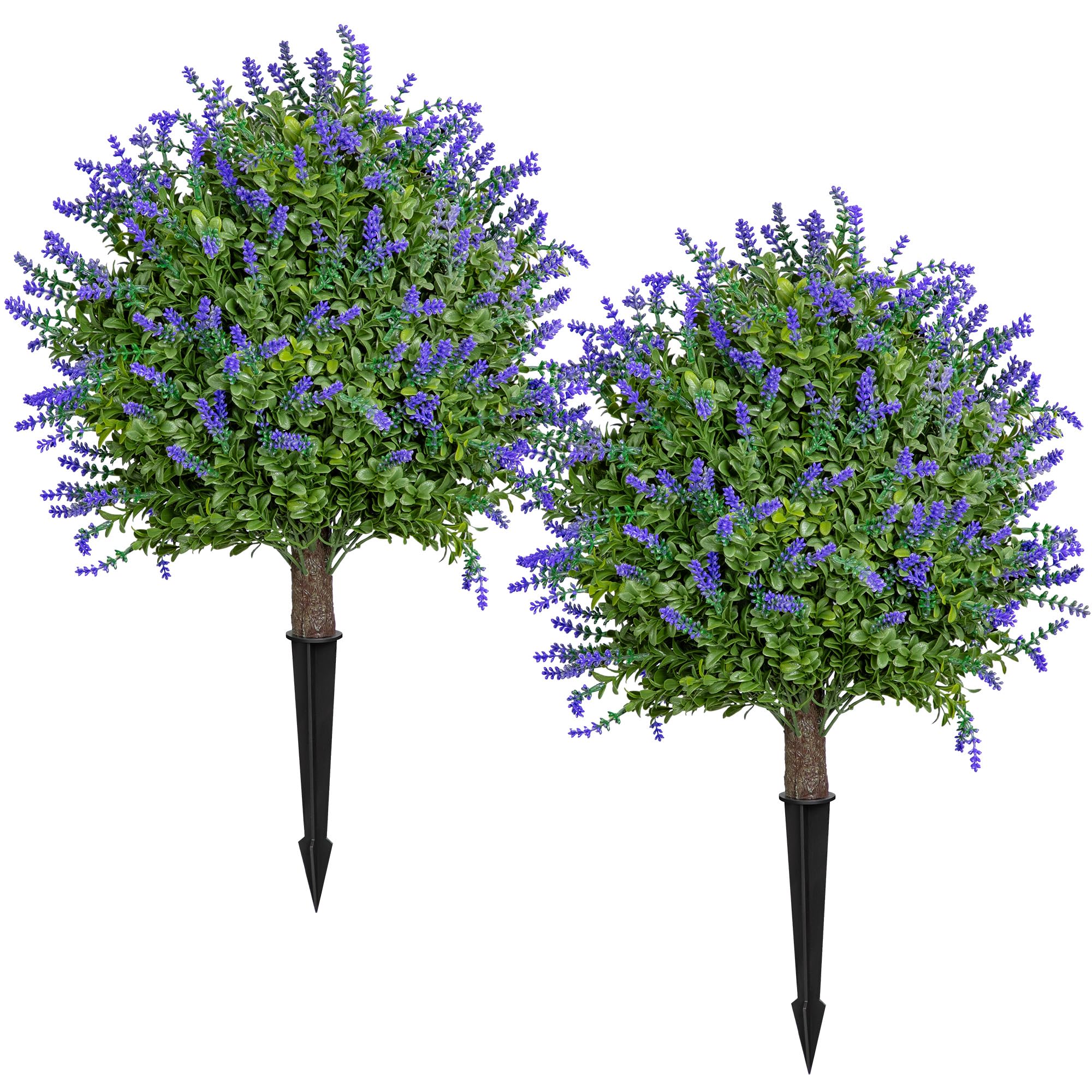 2 Pack Artificial Lavender Topiary Ball with Ground Spike, UV Resistant Fake Boxwood Shrubs, 24’’ Faux Evergreen Topiary Trees for Indoor Outdoor