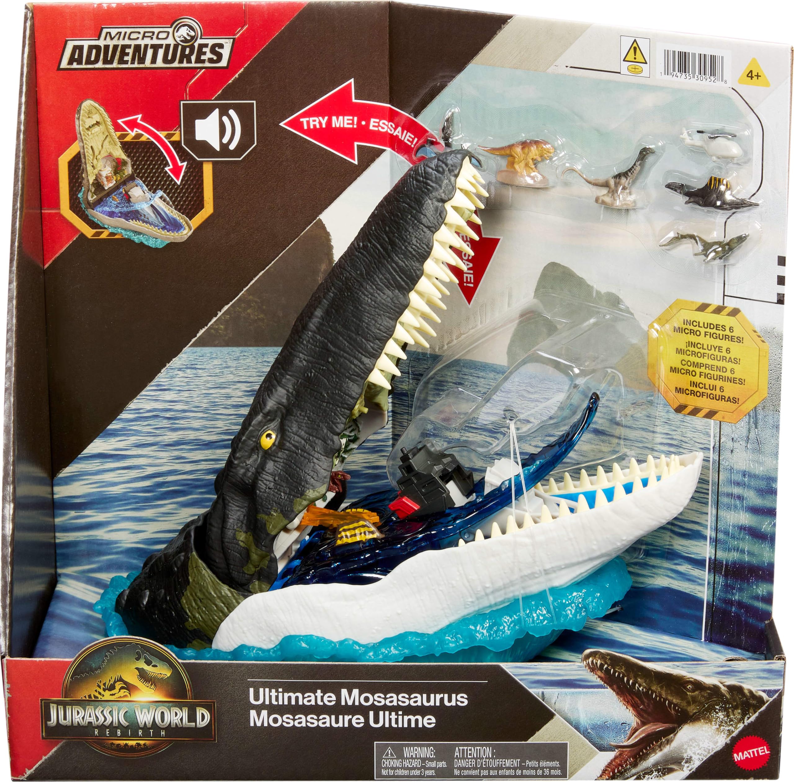 Mattel Jurassic World Rebirth Deluxe Mosasaurus Playset con 7 funzioni interattive, 7 effetti sonori e 6 micro figure, pieghevole per trasportare e riporre