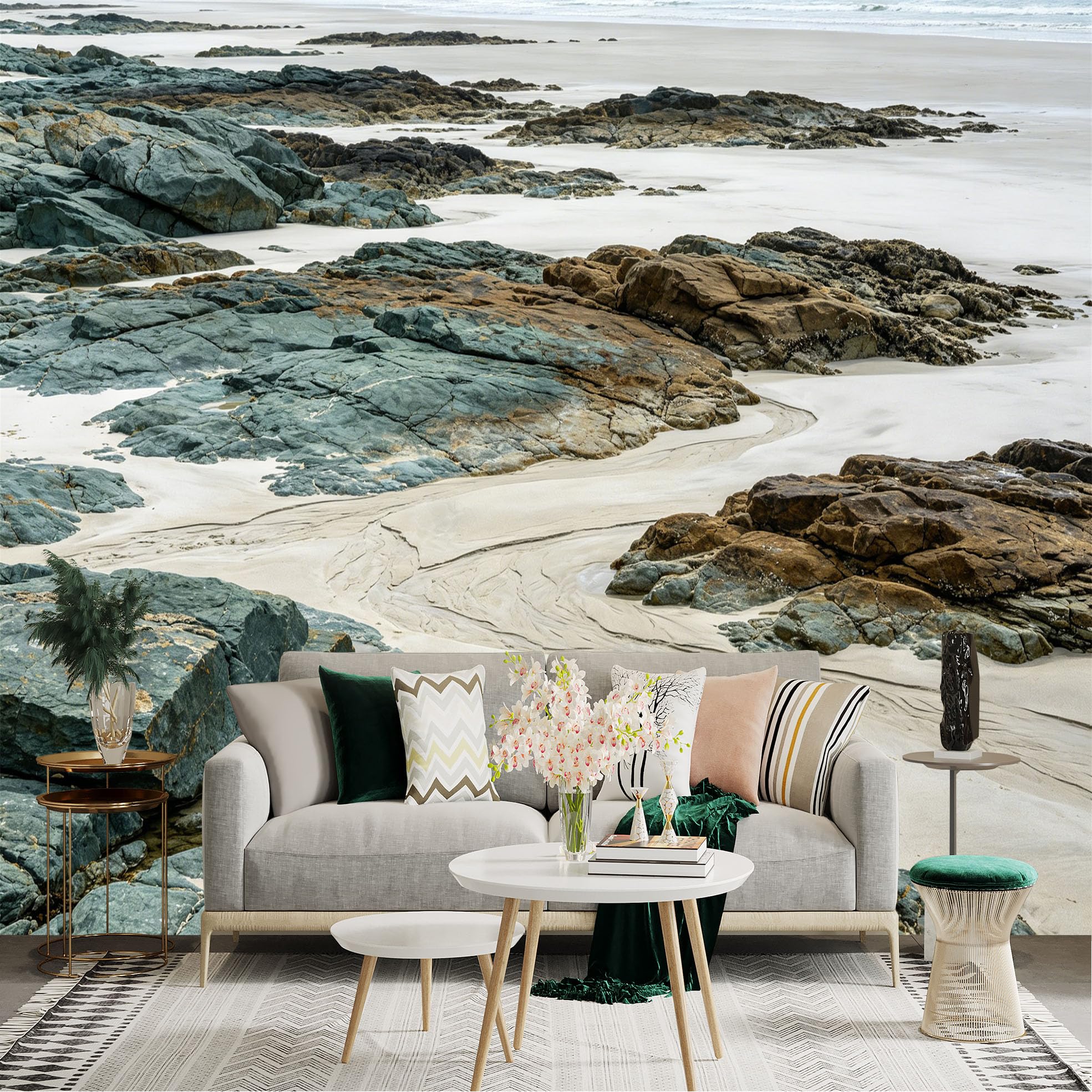 Lnzczhyre Dbh260521900 Custom Size Wall Sticker Mural， Coastal Beach Landscape， Sandy Shore With Textured Rocks， Scenic Ocean Coastline， For Wall Decoration， Peelandstick Wall Decals.
