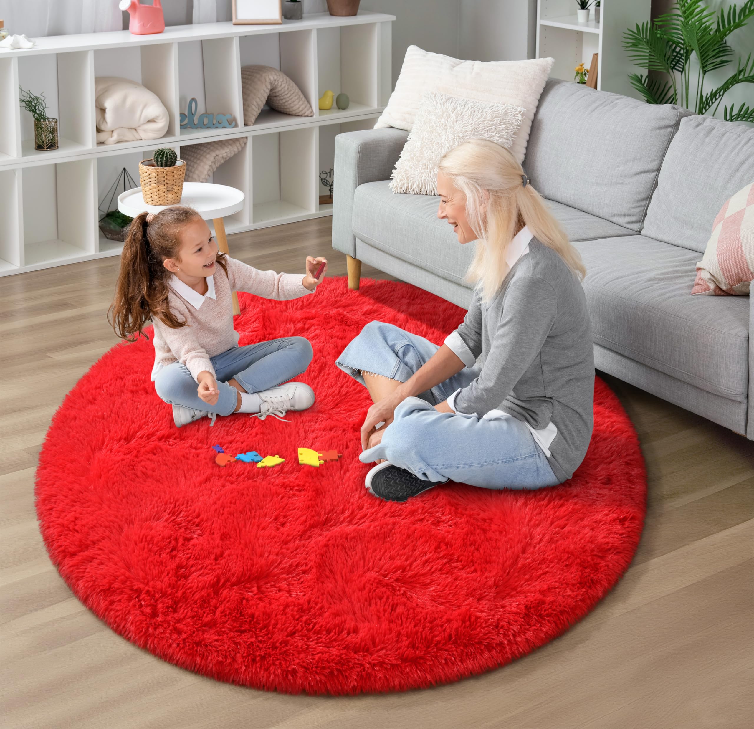 EVOIONOS Roter runder Teppich für Schlafzimmer, 1,2 x 1,2 m, flauschig, weich, für Wohnzimmer, Plüsch, zotteliger runder Teppich für den 