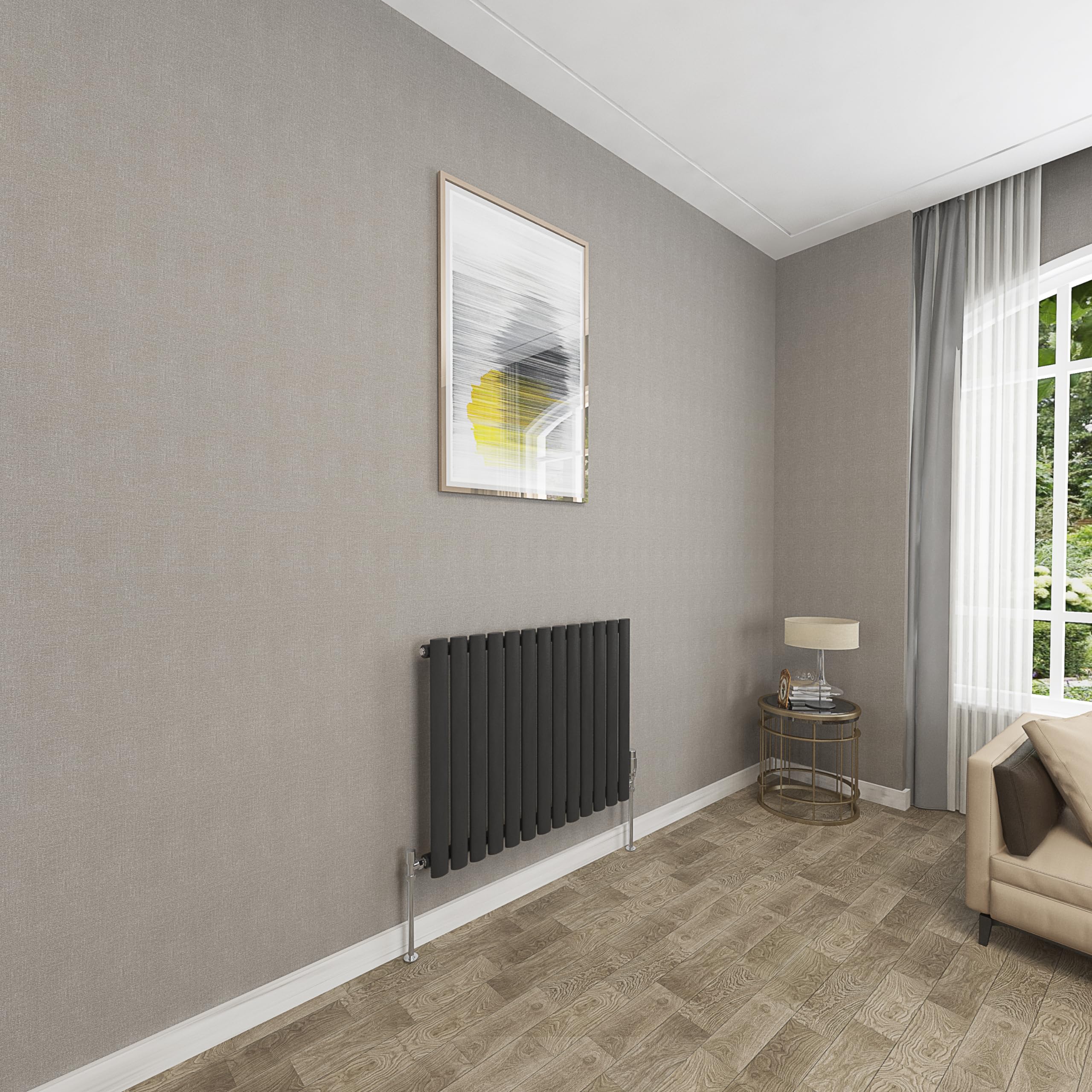 Sky bathroom | 600x767mm - Modern Black Horizontal Single Panel Oval Column Radiator Central Heating Designer Radiator