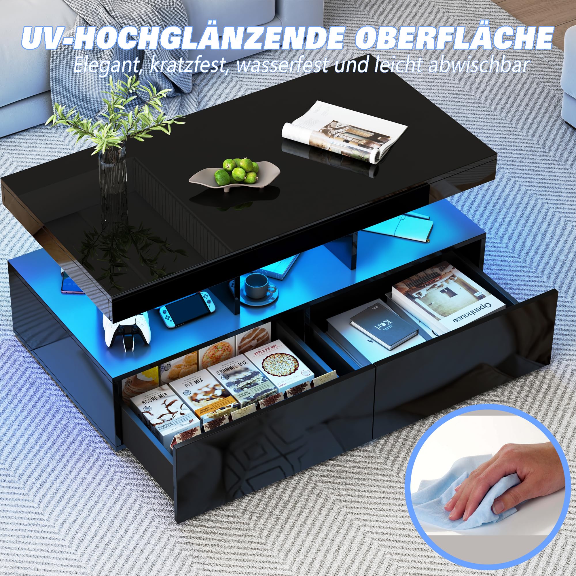 BRILVERDE mesa de centro de alto brillo, salón con LED de 16 colores y 2 cajones, sofá moderno con almacenamiento, auxiliar con 5 estantes (negro, 104 x 53 x 46 cm)