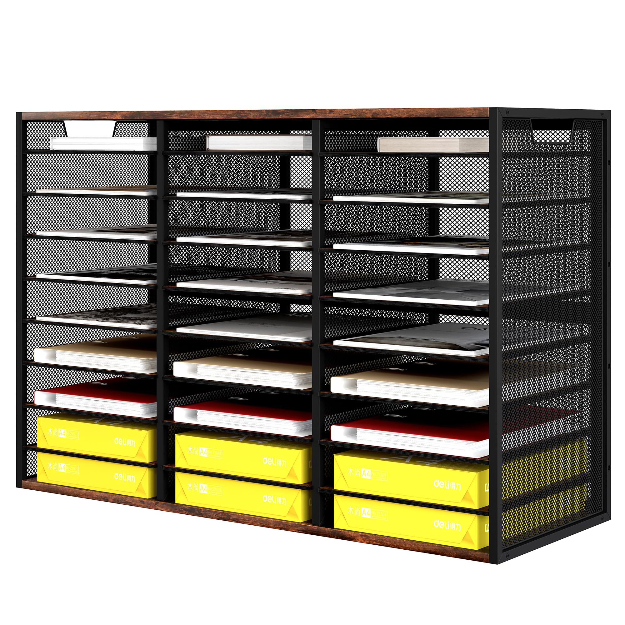 Senhoglb Letter Size Paper Organizer, Metal Literature Organizer, Sturdy Paper Storage Organizer, Desktop Organiser for Storage, Mail Organiser Keep Desktop Clean, 27 Compartments, Retro Brown