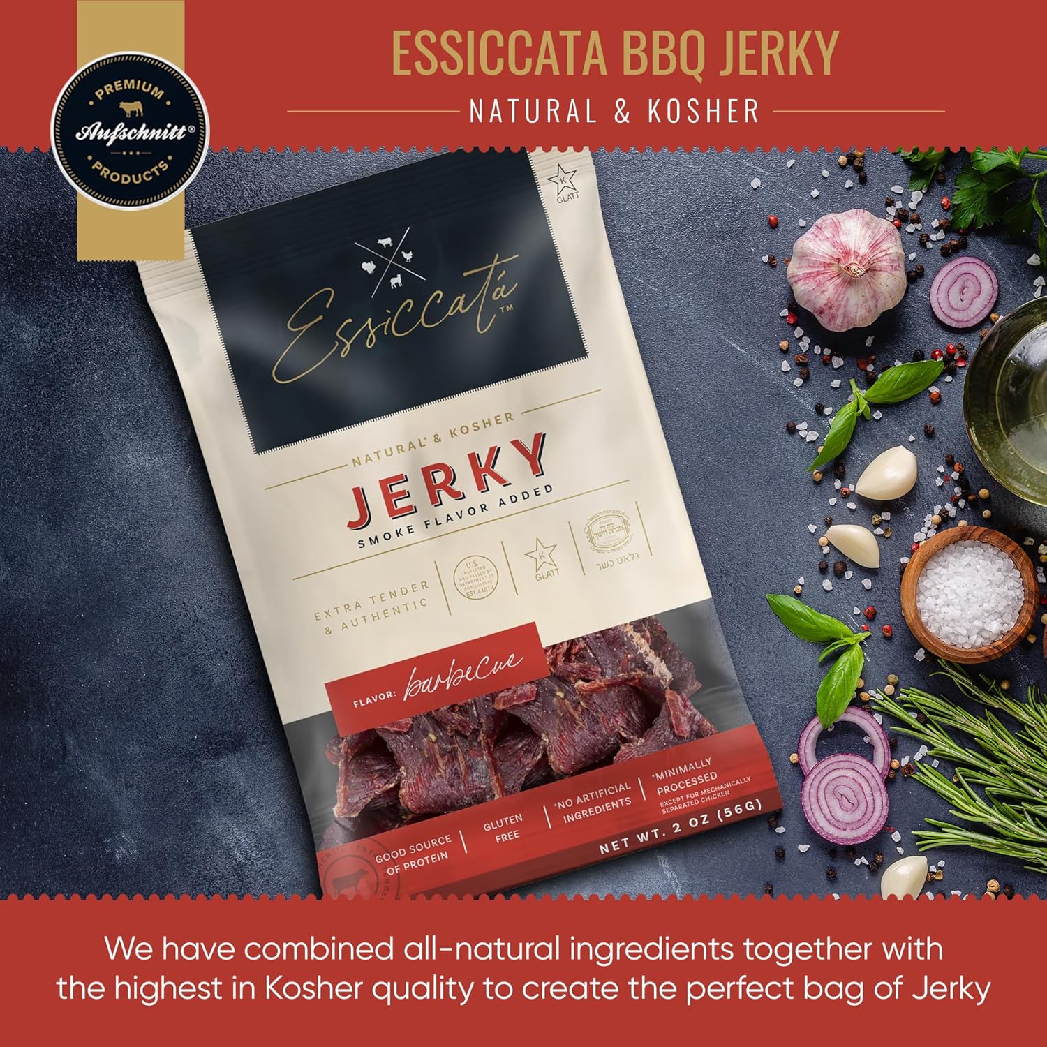 Aufschnitt Essicata Jerky - Extra Tender, Low Sodium - Made in USA - Certified Kosher - Keto Friendly - 24 Pack, BBQ