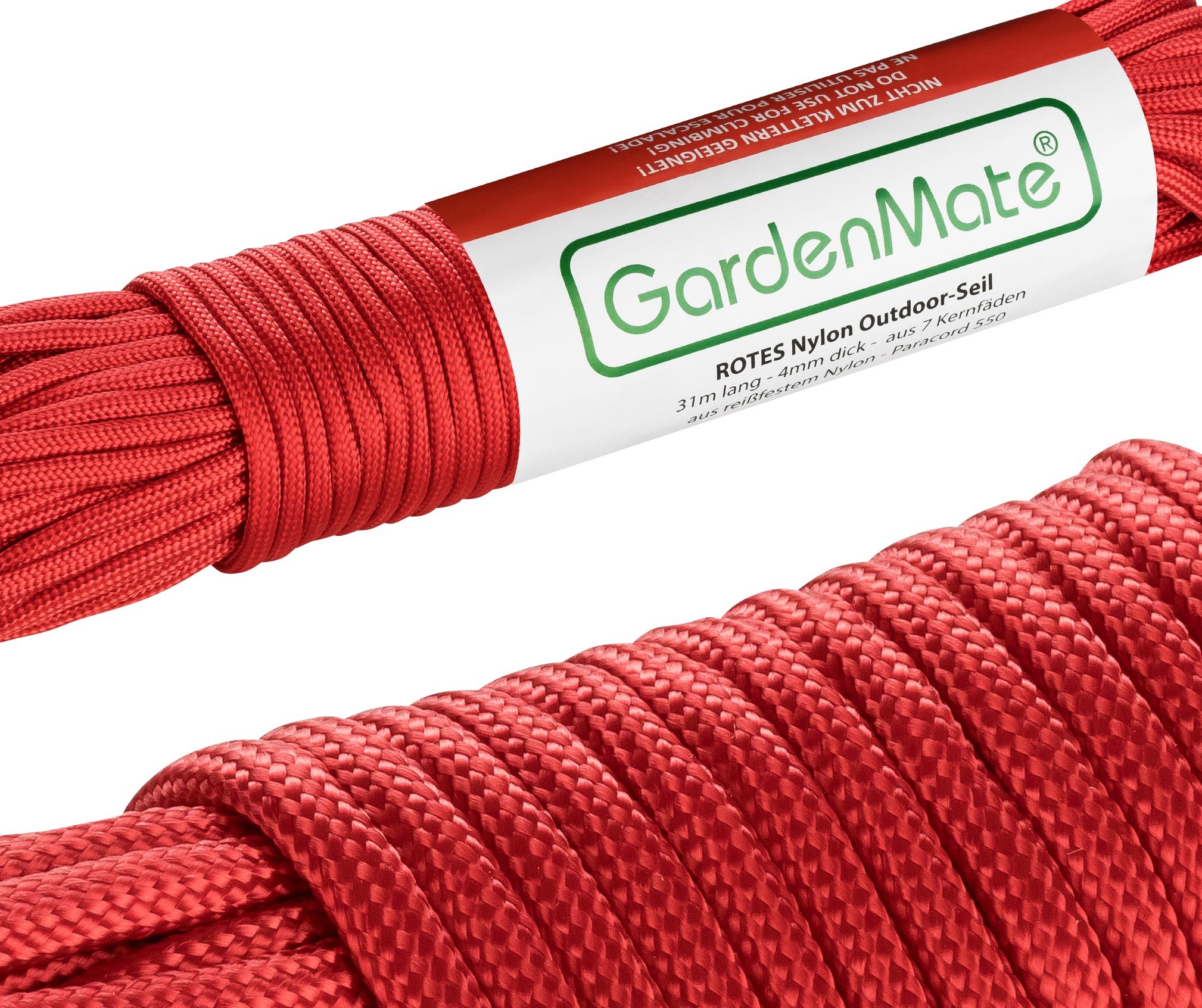 GardenMate Profi Nylon Outdoor Seil Paracord 550 31m lang 4mm dick Reißfestes Kernmantelseil mit 7 Kernsträngen Rot