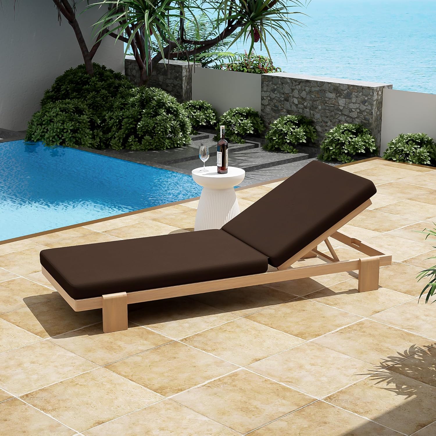 Christopher Knight Home Duska Acacia Wood Chaise Lounge Chair Outdoor, Patio Outdoor Chaise Lounge with Cushions, Adjustable Backrest Single Lounge Sofa, Poolside Seating, Teak+Brown