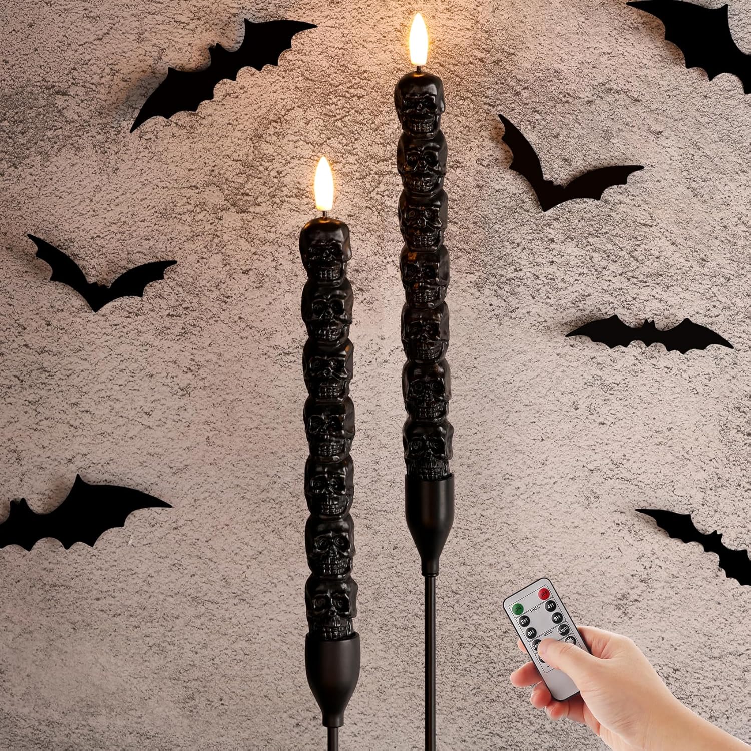 Black Skull Halloween Flameless Taper Candles with Remote, Flickering Spooky LED Wax Candlesticks Battery Operated, Set of 2