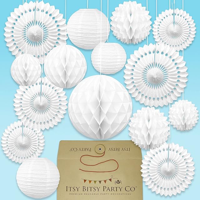 Premium Reusable Party Decorations - Wedding Decorations, Birthday Decoration Set - Garden Party Decorations, Engagement Party Decorations - Paper Fans, Pom Poms, Paper Lanterns, Honeycomb Decorations