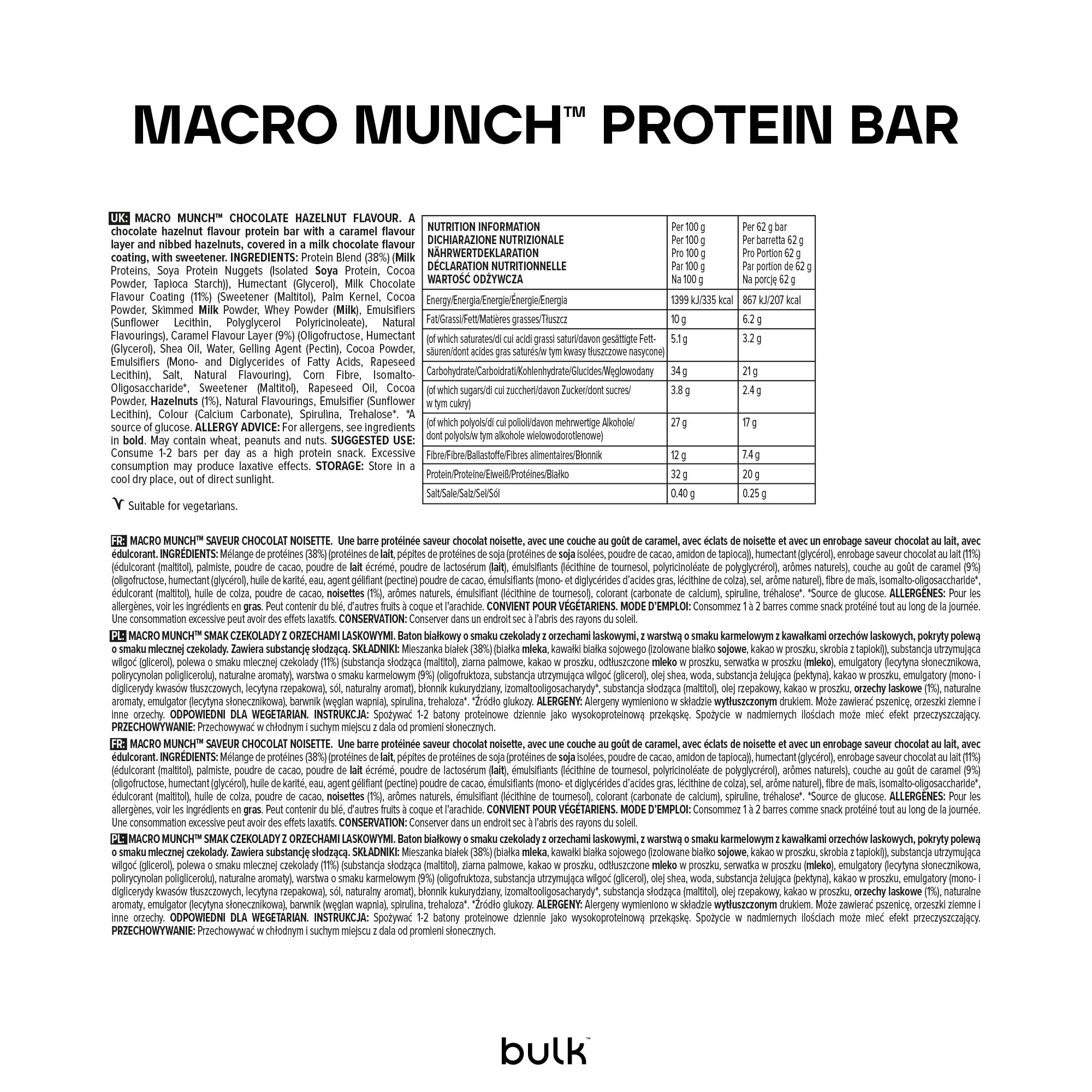 Bulk Macro Munch Barre Protéinée | Chocolat Noisette | 12 x 62g | 20g de protéines par barre | Faible en sucre | Riche en fibres | Texture à trois couches | Idéale à emporter