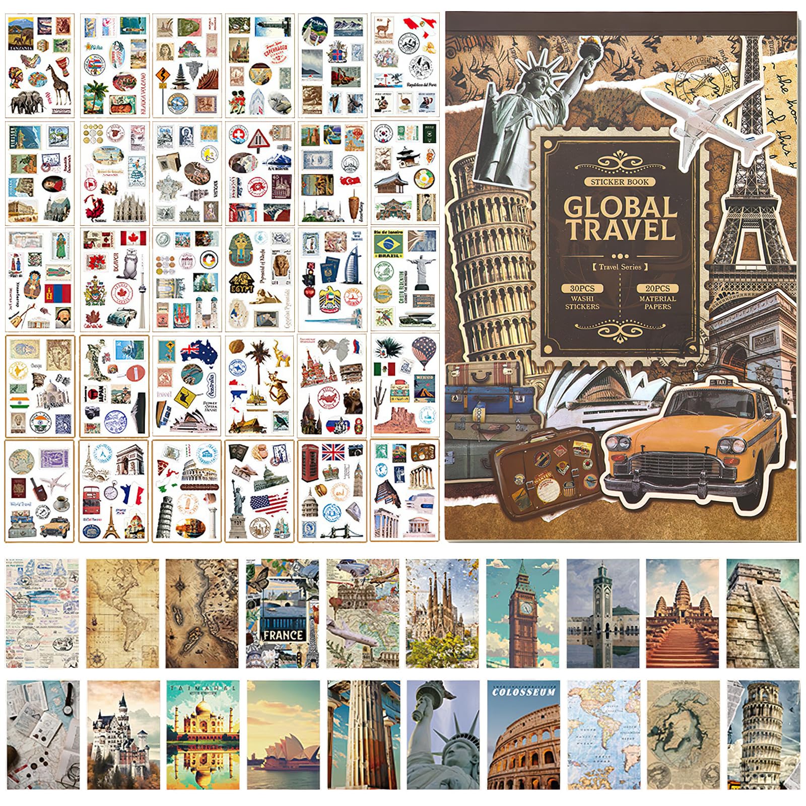Travel Scrapbook Pack 300PCS Pre-Cut Washi Tape Stickers, 20PCS Paper, World Travel Stickers for Journaling, Notebook, Album, Phone Case, Laptop, Card Making