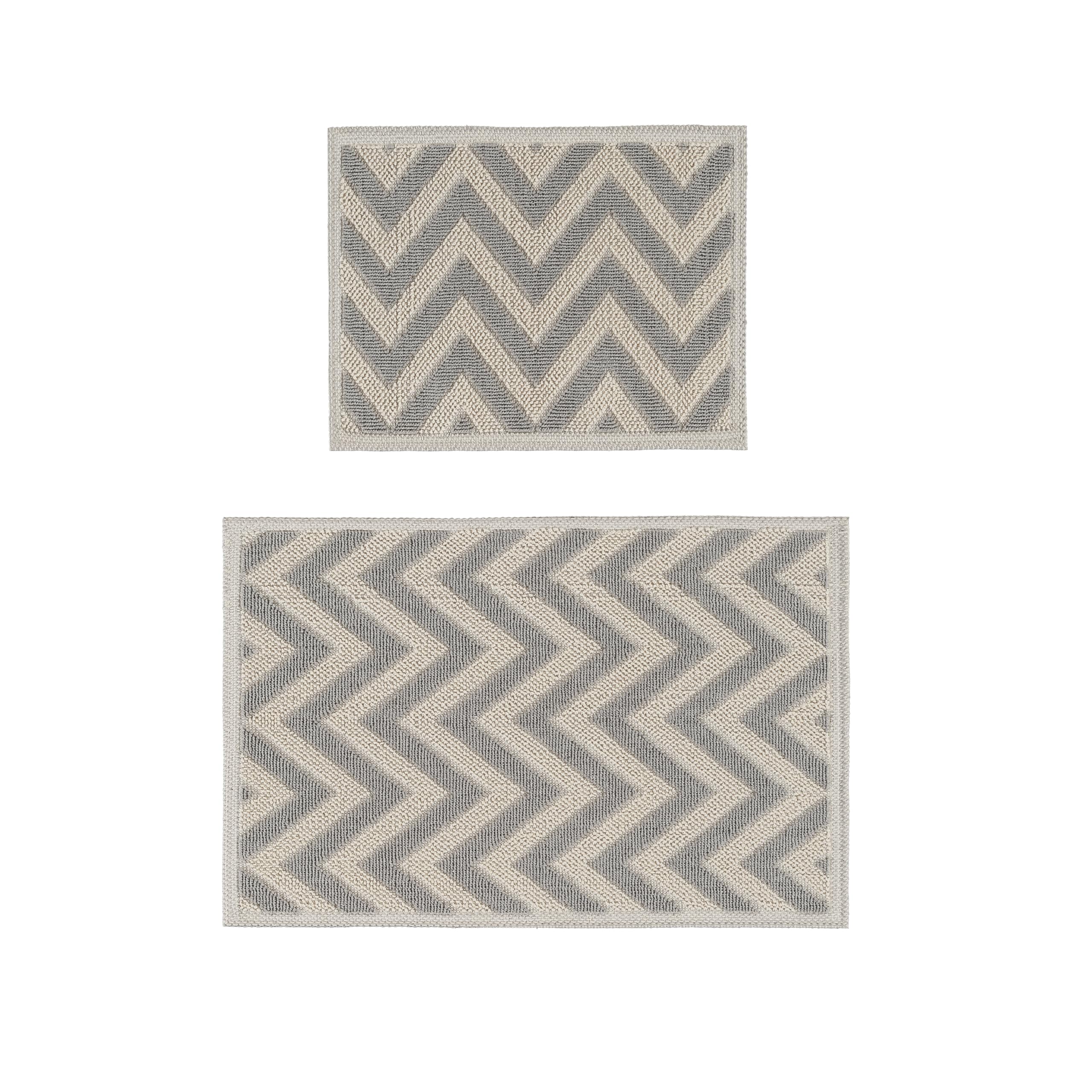 Ruglenza Bathroom Mat Set – 2 Piece Non Slip Cotton Bath Mats for Bathroom & Shower, Textured Loop Bath Rug Set, Quick Dry, Machine Washable, Easy Clean (Ecru/Grey-BK03, 50 x 120 CM)