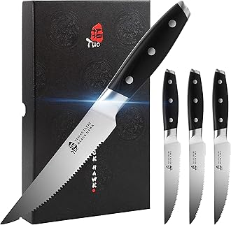 Serrated Steak Knife - 5 inch Professional Kitchen Steak Knife Set 4 - Table Dinner Knife - German HC Stainless Steel Non Slip Pakkawood Handle - BLACK HAWK SERIES Including Gift Box