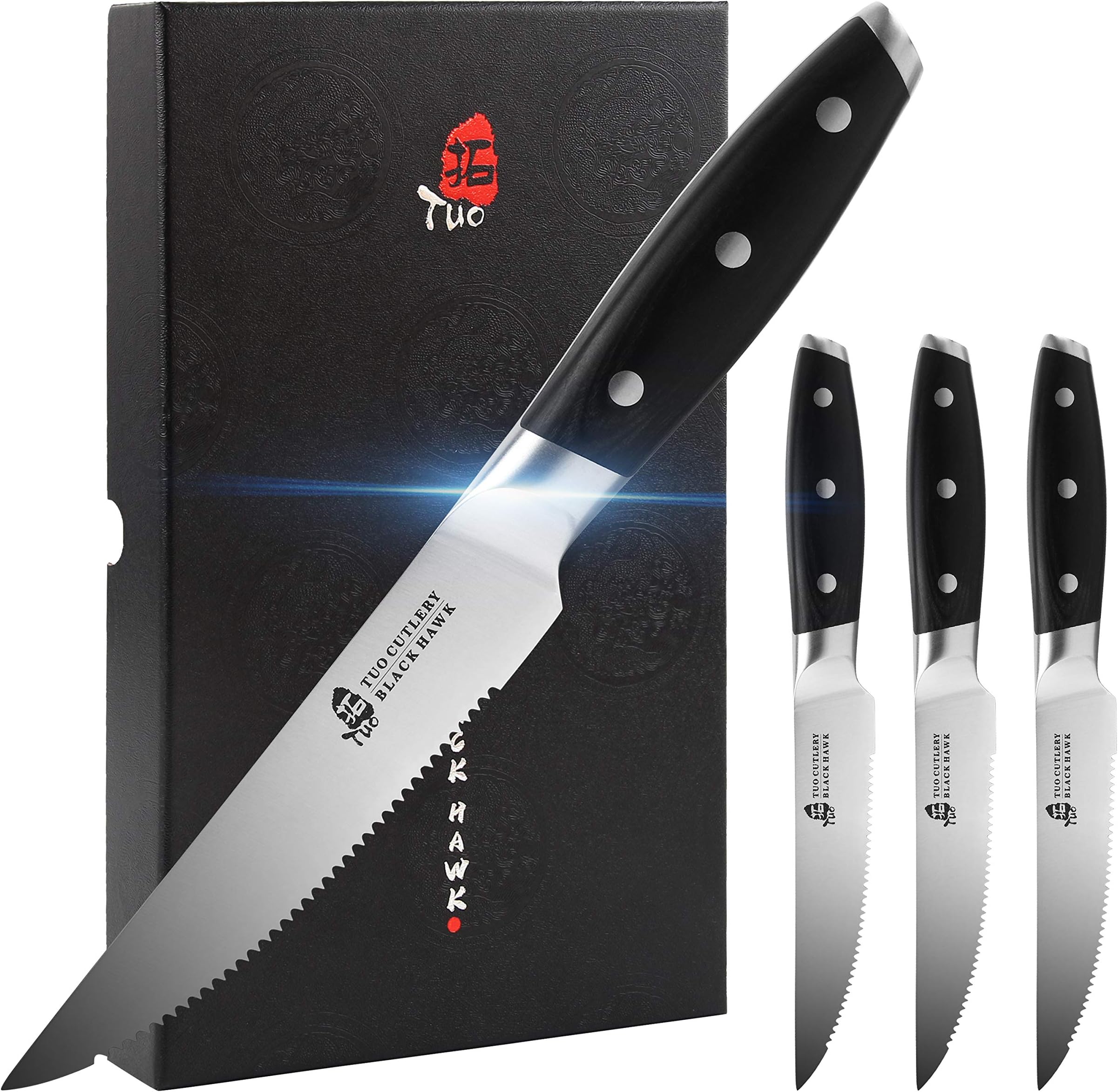 TUO Serrated Steak Knife - 5 inch Professional Kitchen Steak Knife Set 4 - Table Dinner Knife - German HC Stainless Steel Non Slip Pakkawood Handle - BLACK HAWK SERIES Including Gift Box