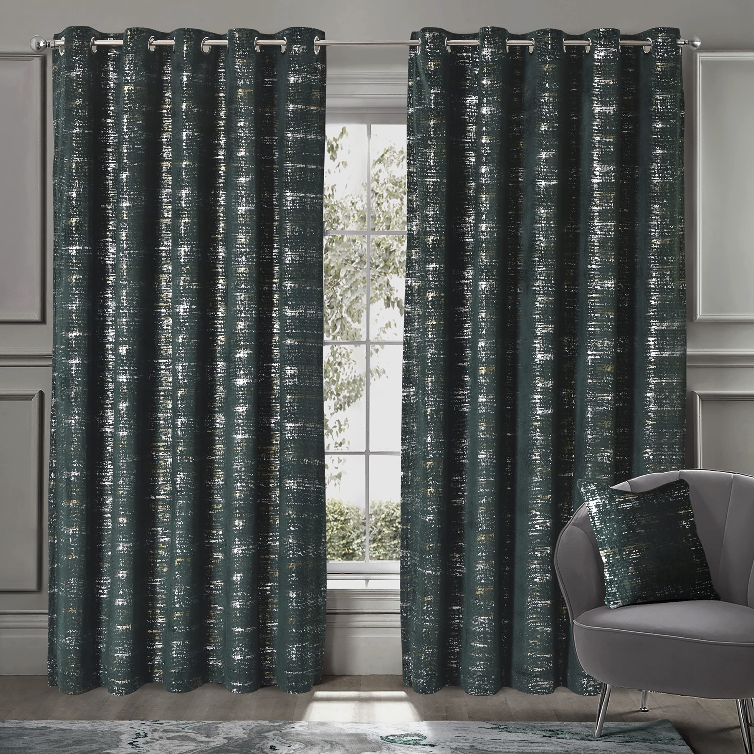Intimates Luxury Velvet Thermal Metallic Sparkly Shimmer Finish Eyelet Ring Top Curtain Panel Pair Fully Lined (Green, 90" Width x 90" Drop)