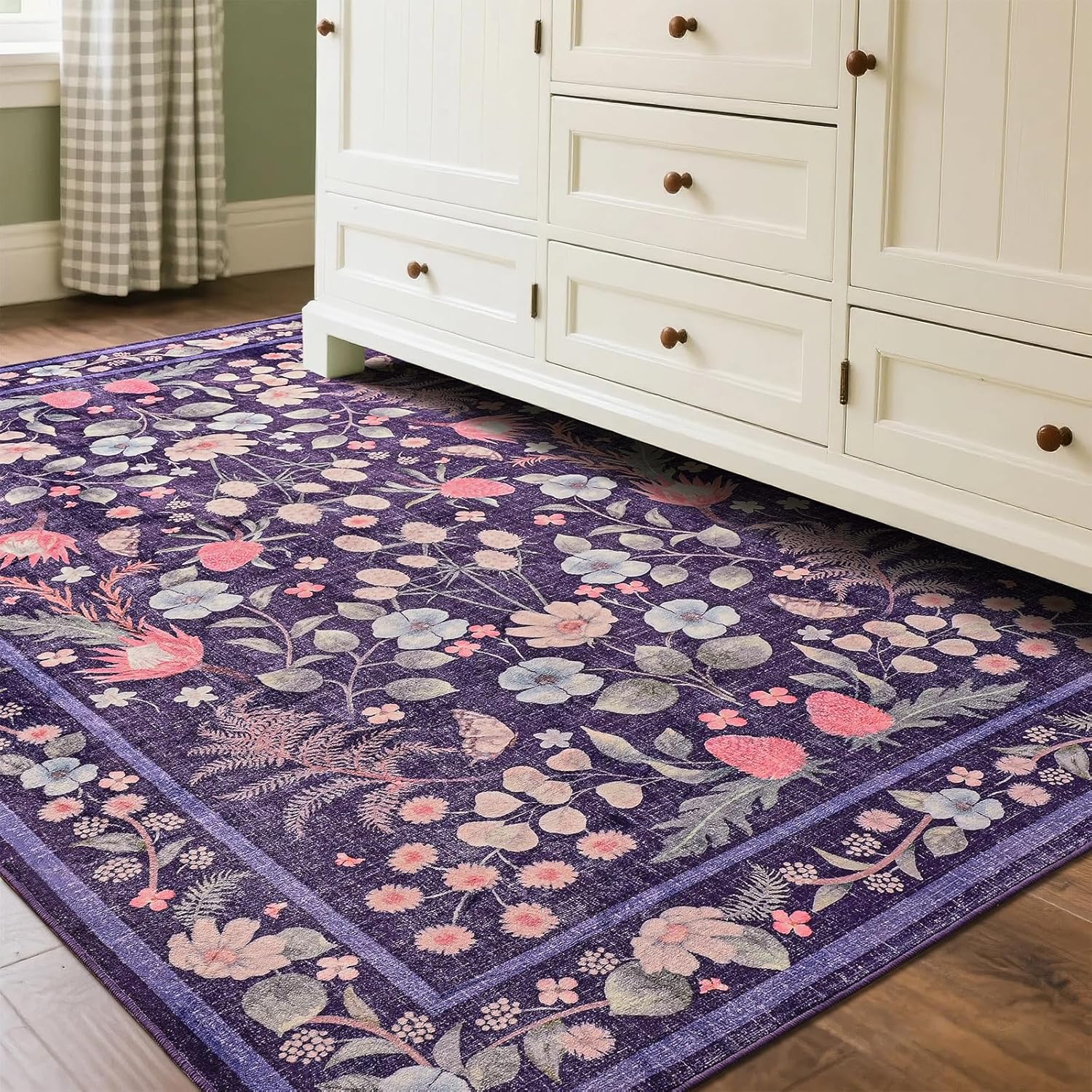 Przemy Area Rugs for Living Room, 4x6 Washable Rug Floral for Kid's Bedroom, Non Slip Rustic Carpet for Office Bedside Entryway Kitchen, Purple