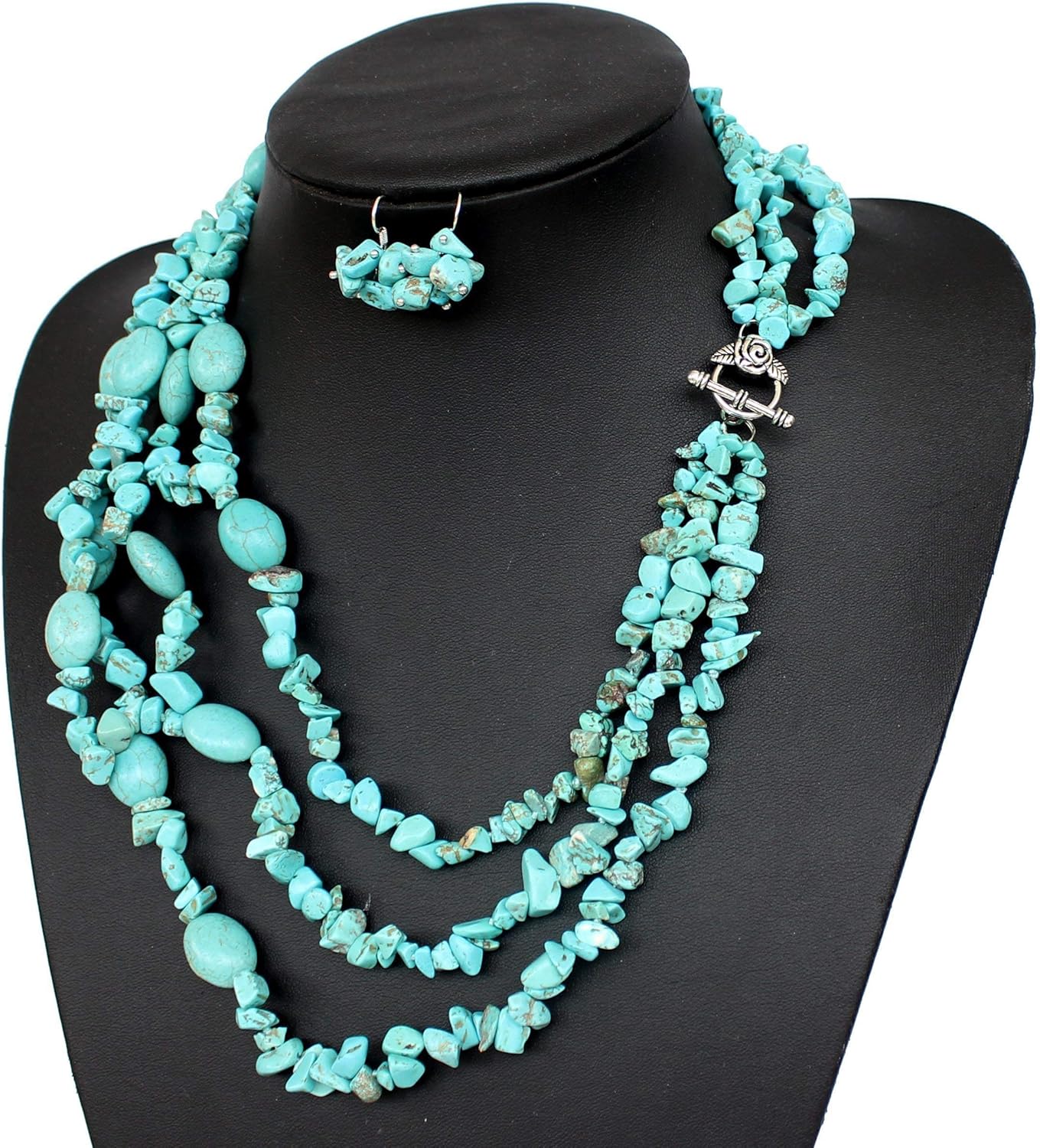5 Row Irregular Blue Turquoise Stone Beaded Necklace With Earrings Set Wedding Bridal Jewelry Turquoise Necklace Statement Necklace