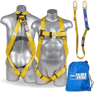 Palmer Safety Full Body Harness with Detachable 6ft Shock-Absorbing Lanyard - ANSI/OSHA Compliant Fall Protection for Roofing & Construction