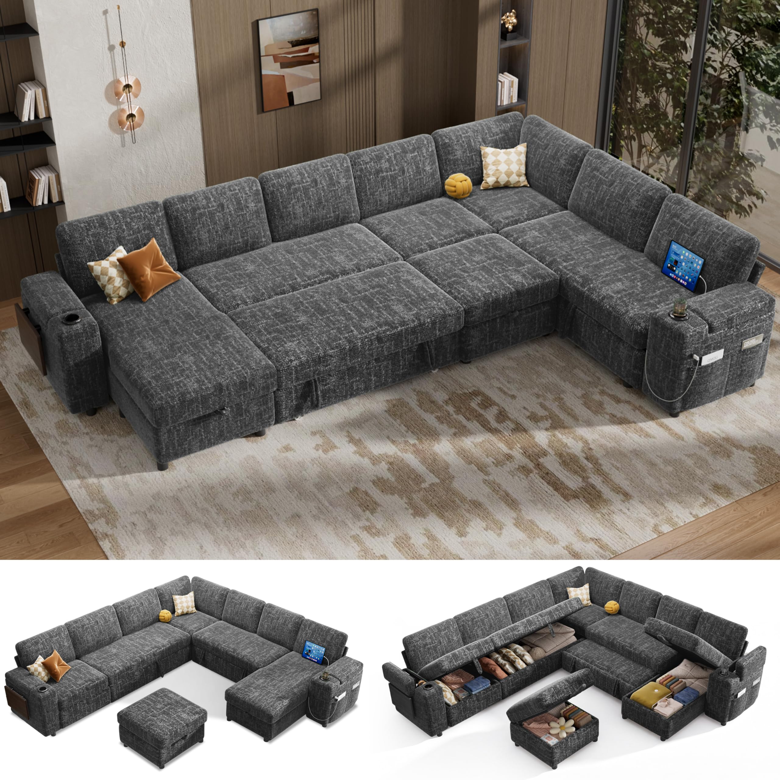 Vipbear 130 Inch Modular Sectional Sleeper Sofa in Grey