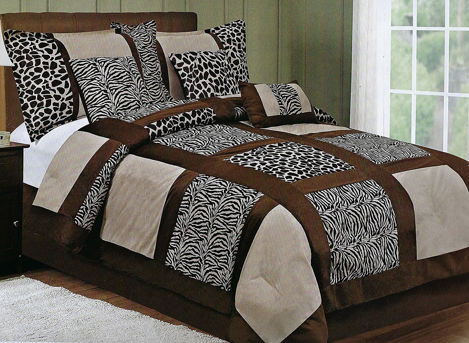 Queen Size 7 Piece Safari - Zebra - Giraffe Print Brown Micro Fur Comforter Set, Bed in Bag