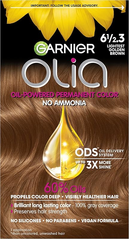Color de cabello Garnier Olia Color brillante sin amoníaco Tinte de cabello permanente rico en aceite, 6 1/2.3 Marrón dorado más claro, 1 cuenta (el empaque puede variar)
