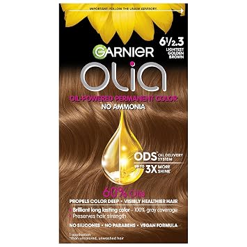 Garnier Hair Color Olia Ammonia-Free Brilliant Color Oil-Rich Permanent Hair Dye, 6 1/2.3 Lightest Golden Brown, 1 Count Packaging May Vary