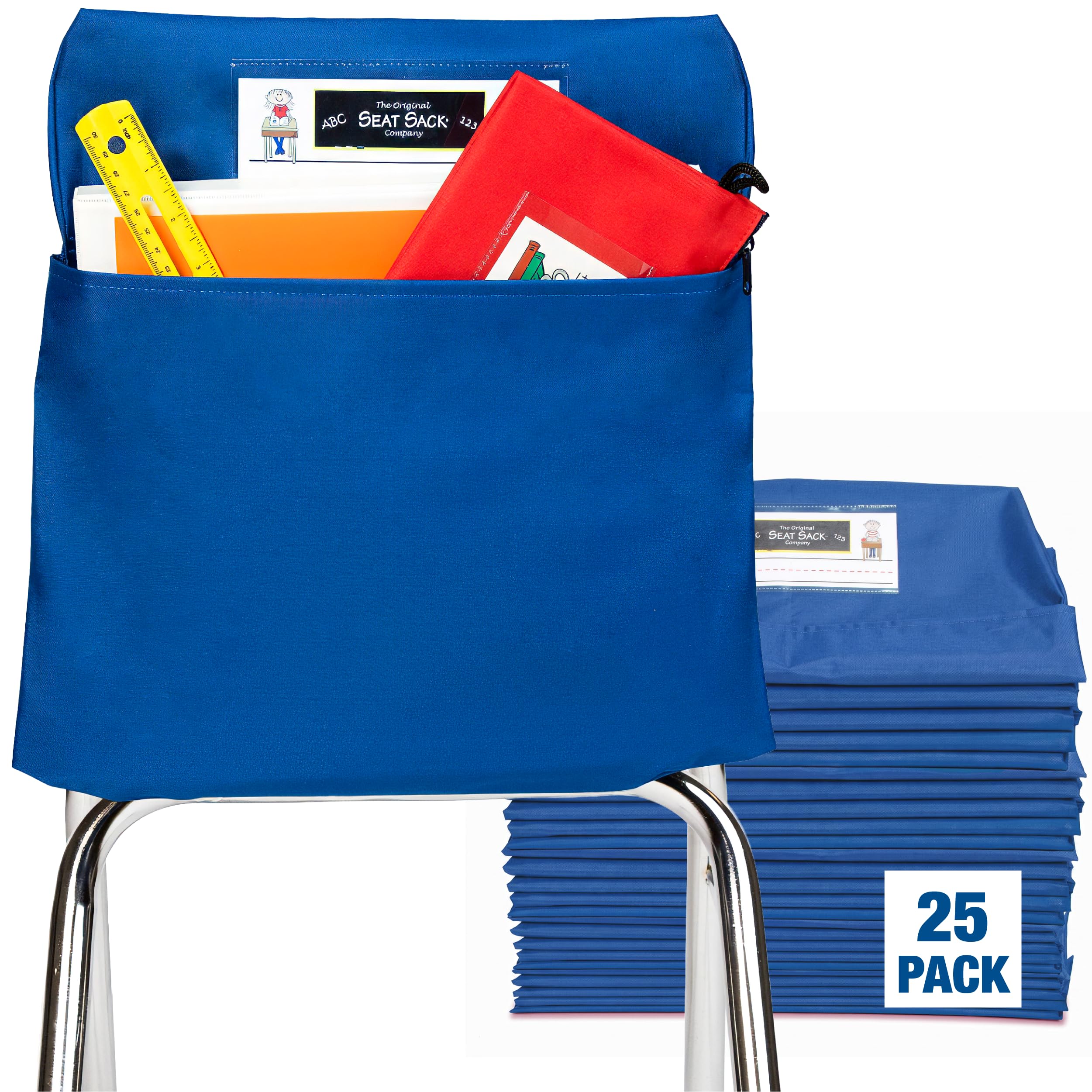 Seat Sack Student Chair Storage Pocket - 17", Single Pocket, Classroom Chair Organizer for Student Desks, Durable Over-the-Chair Storage, Ready-to-Use Name Tag Window, Blue, 25-Pack
