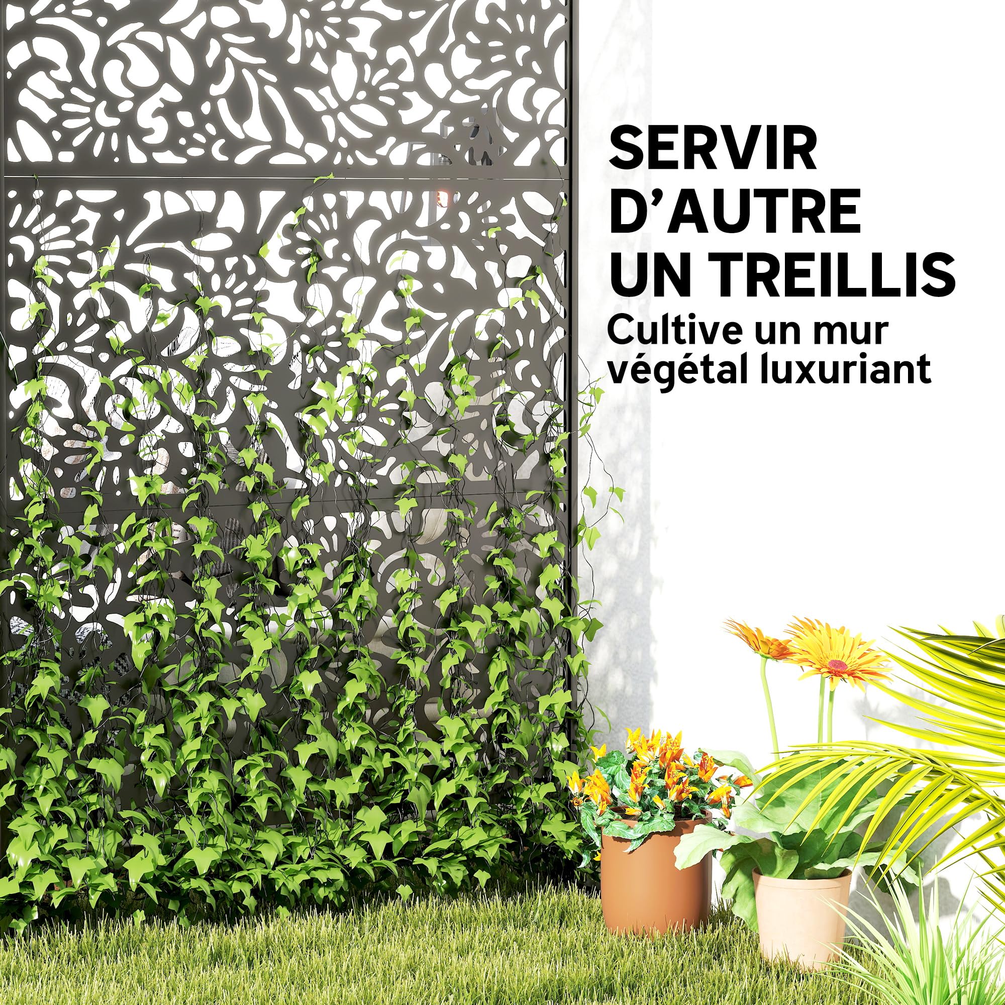 Outsunny Panneau Brise Vue décoratif Extérieur 122 x 45 x 198 cm Noir | Claustra Décoratif Jardin, 3 Panneaux à Motif Floral, Paravent Extérieur, Support en Acier Galvanisé