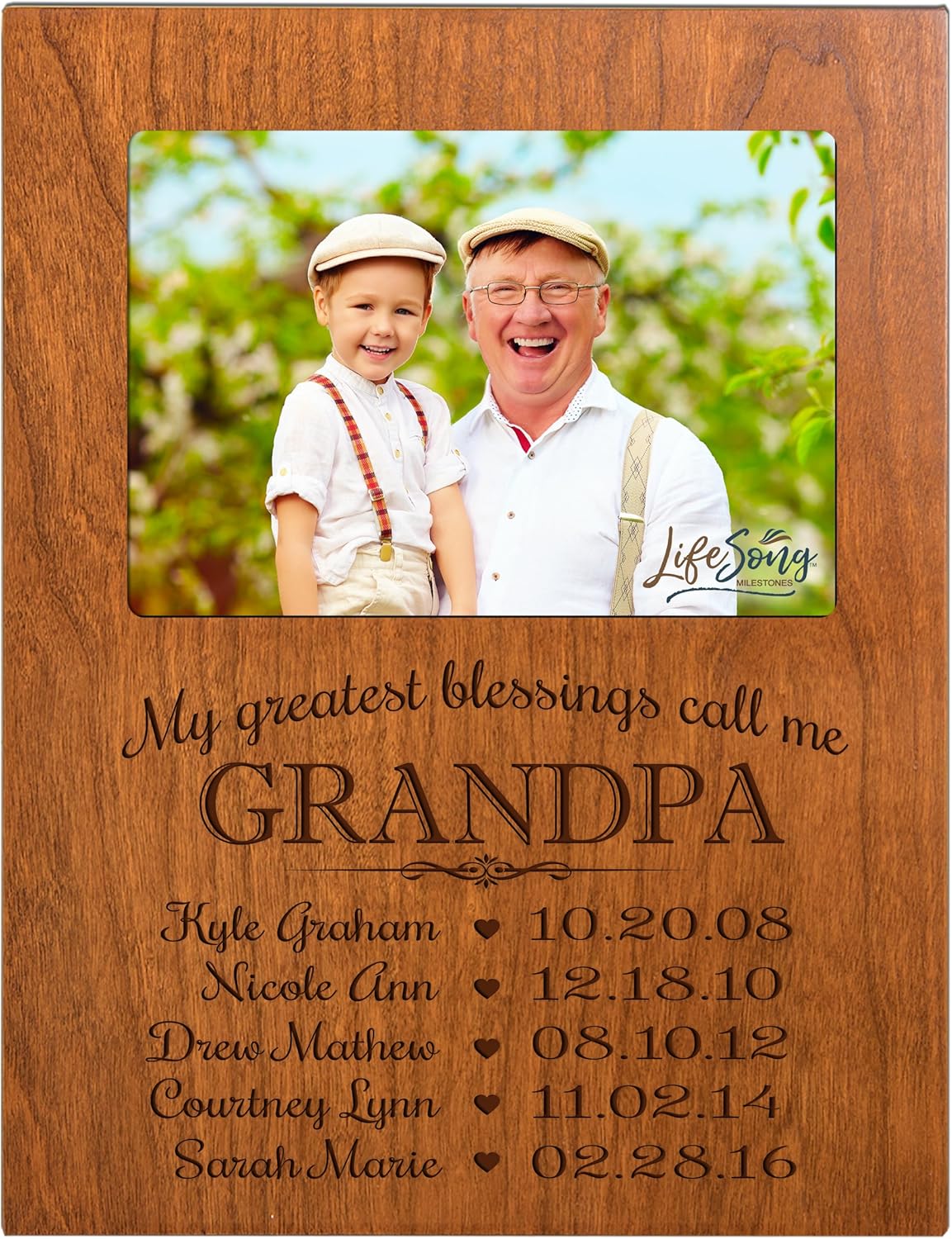 LifeSong Milestones Personalized Gift for Grandpa Picture Frame with Children's Names and Kid’s Birth Date Special Dates My Greatest Blessings Call me Grandpa Holds 4x6 Photo (Maple)