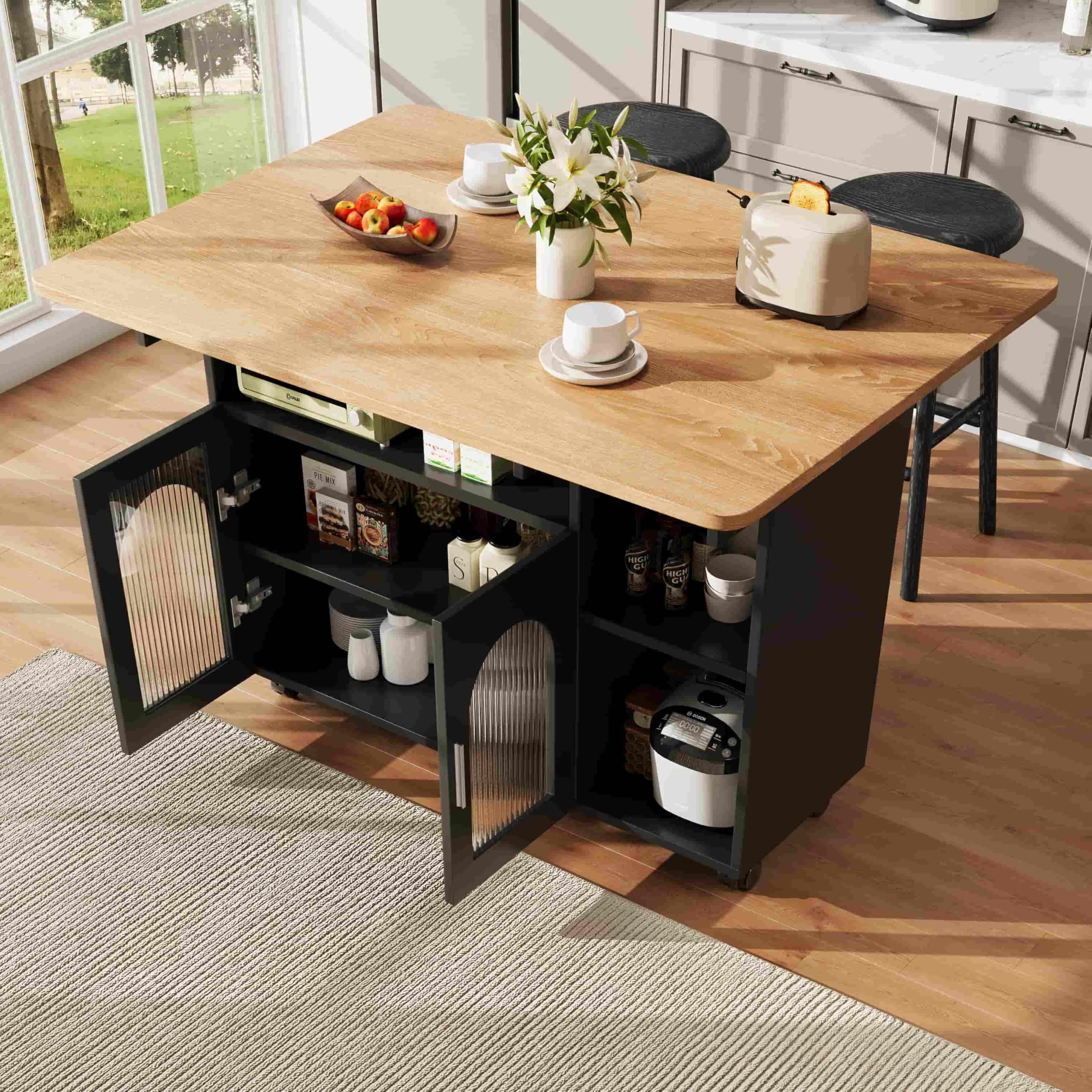 Sweiko Îlot de Cuisine Multifonction avec Rangement, Meuble de Rangement Design en MDF, Étagères Ouvertes et Placards Fermés, Mobilité avec roulettes pour Salon, Cuisine ou Salle à Manger (Noir+Bois)