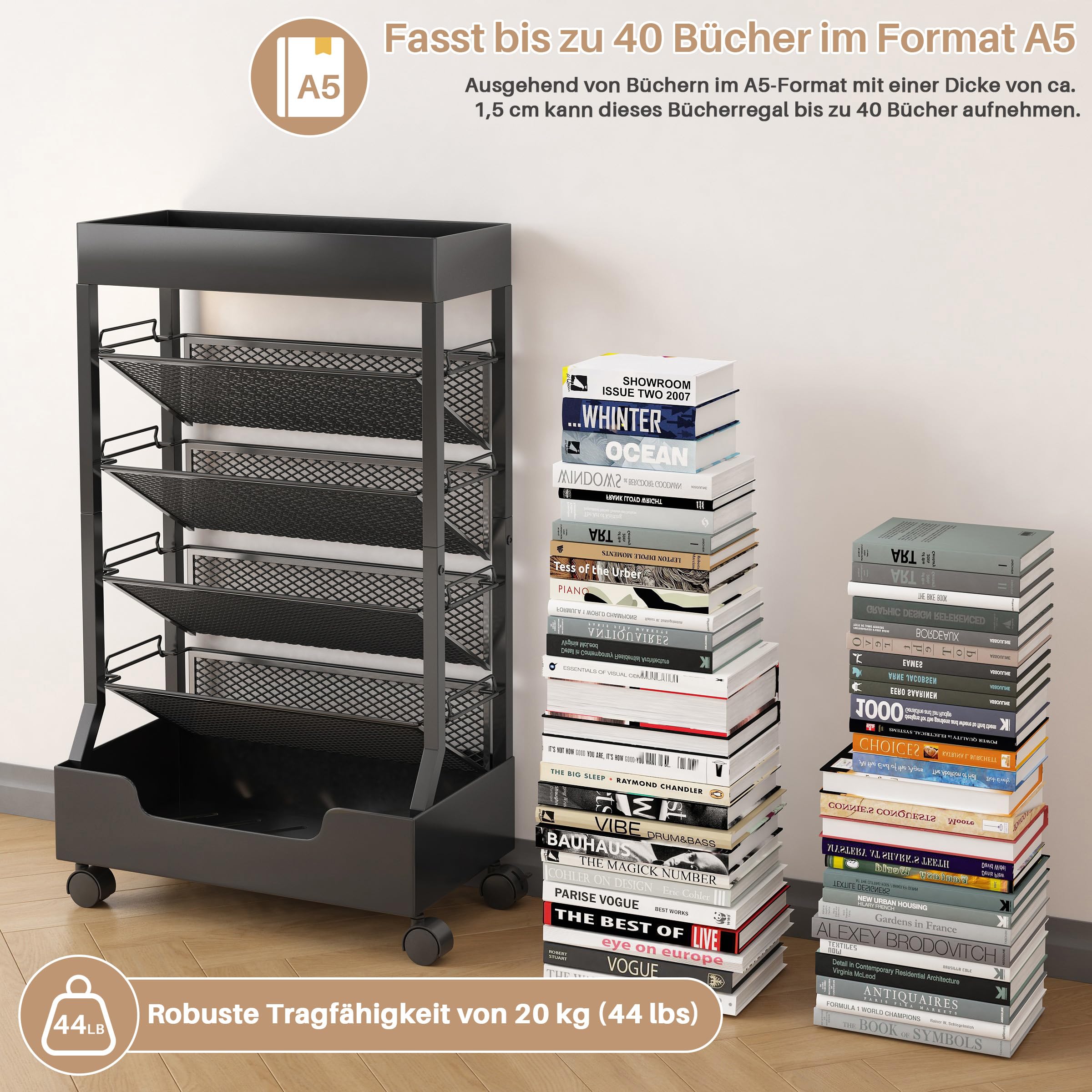 Mobiles Bücherregal mit Rad,Schreibtisch-Organizer, Büroregal Bücherwagen Zeitschriftenständer,großes Fassungsvermögen-Schwarz