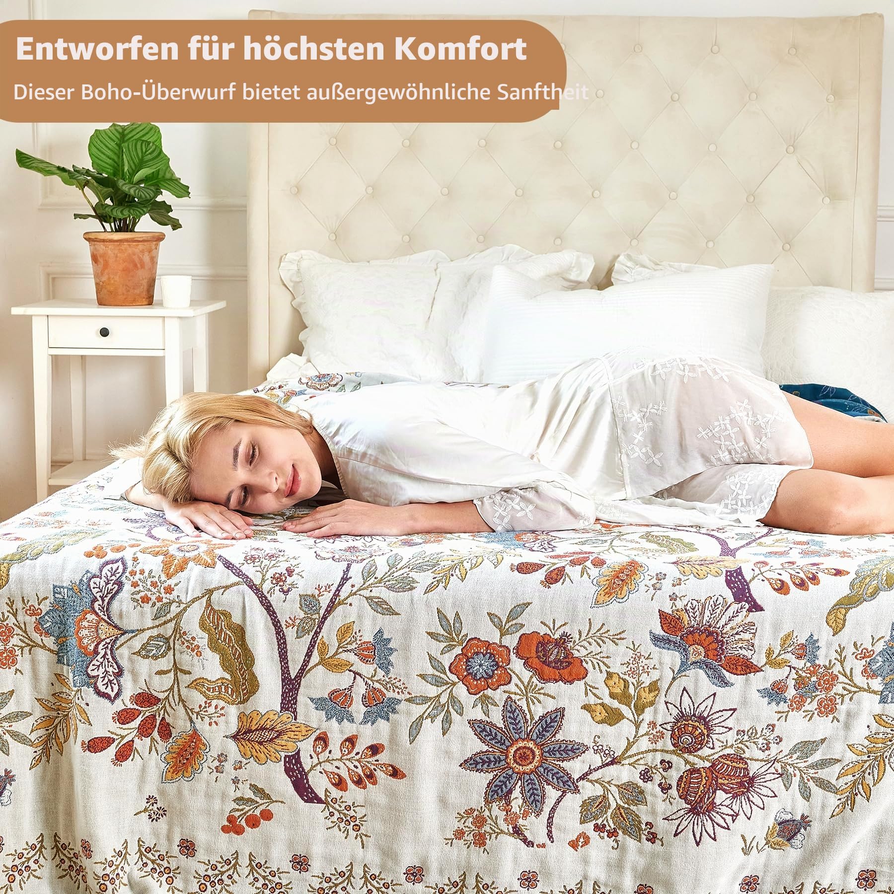 VANJOROY Sofaüberwurf aus 100 % Bio-Baumwolle, 150 x 200 cm, weich, hautfreundlich, doppelseitig, Boho-Blumenmuster, Beige, Überwurf für 2- und 3-Sitzer, Sessel, Couch und Tagesdecke.