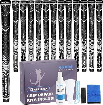 Geoleap Golf Grips Set of 13 with Tape and Grips - Choose from All Repair Kits - Hybrid Golf Club Grips - Standard/Mid Size All Weather Construction - High Rating and Traction Mid Size, Black Pro Kit
