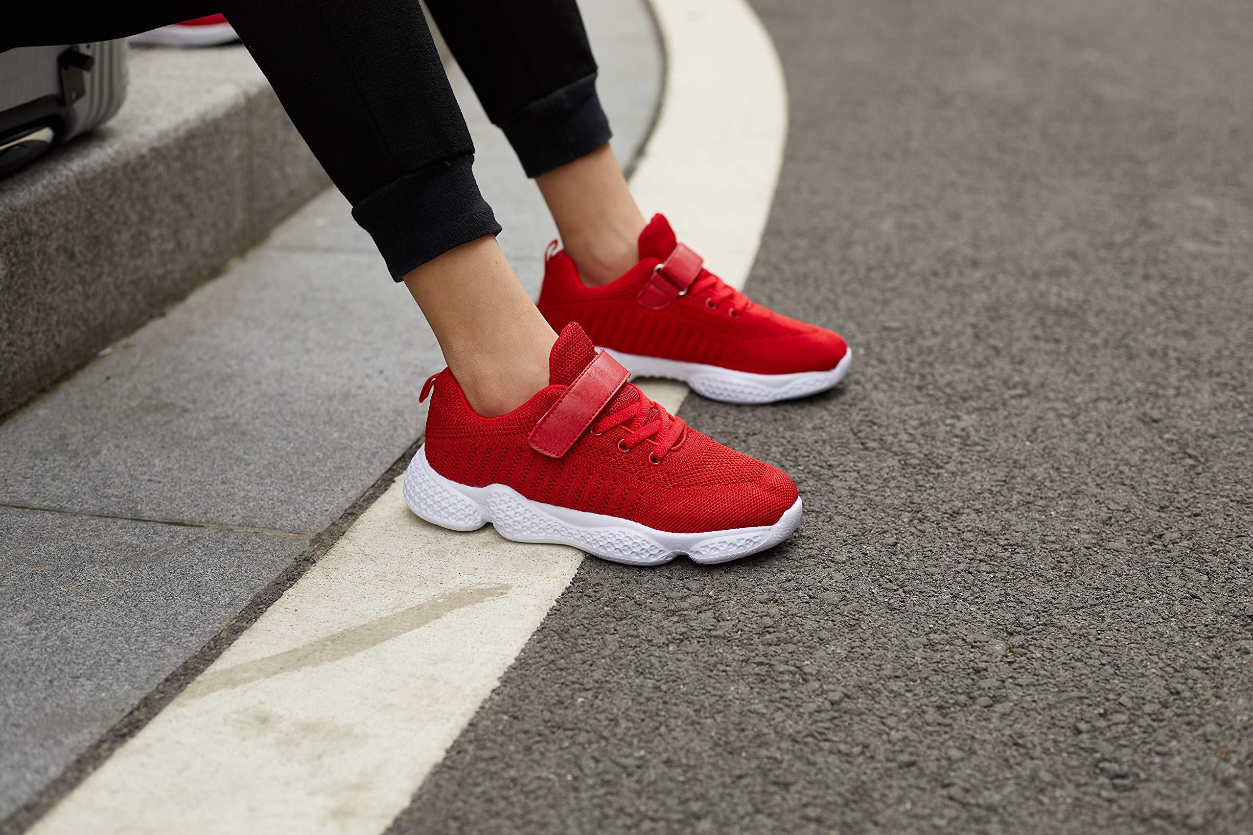 Hetios Little Kid Tennis Shoes for Girls Lightweight Athletic Running Shoes Breathable Knit School Sports Shoes Red (Toddler/Little Kid/Big Kid) 13 M US