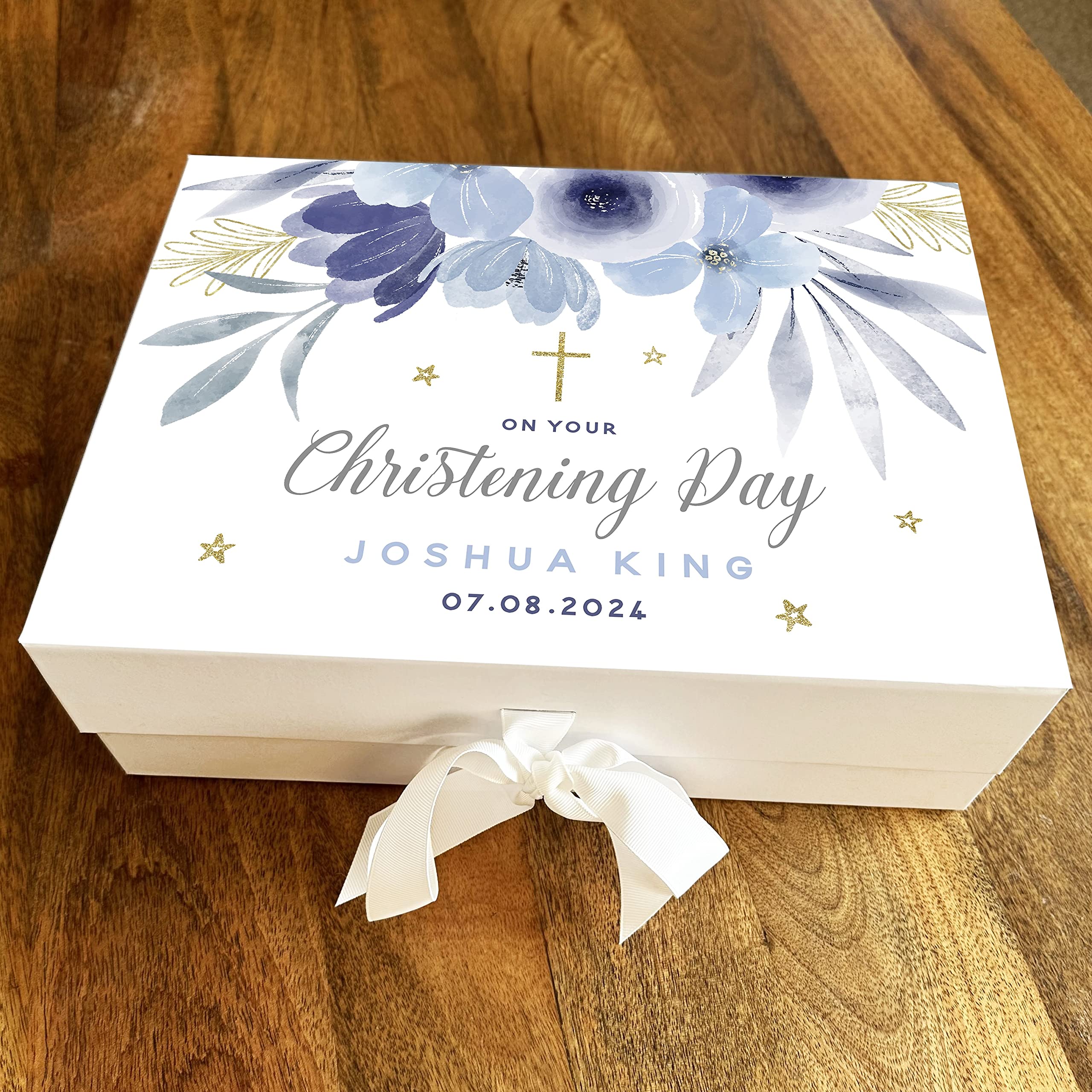 Baby Boy Christening Keepsake Box - Baby Memory Box, Special Day Baby Keepsake Box, Blue Flowers Details Keepsake Box - Personalised Memory Box, Special Christening Baptism Treat Hamper Gift Box