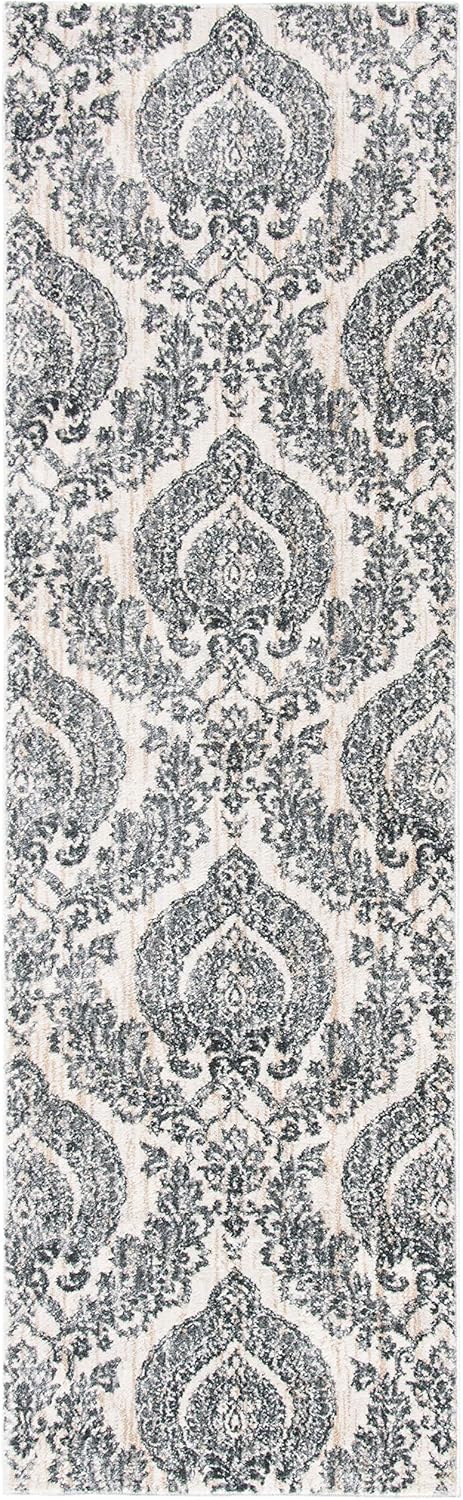 SAFAVIEH Isabella Collection Runner Rug - 2'2" x 7', Grey & Ivory, Damask Design, Non-Shedding & Easy Care, Ideal for High Traffic Areas in Living Room, Bedroom (ISA952F)