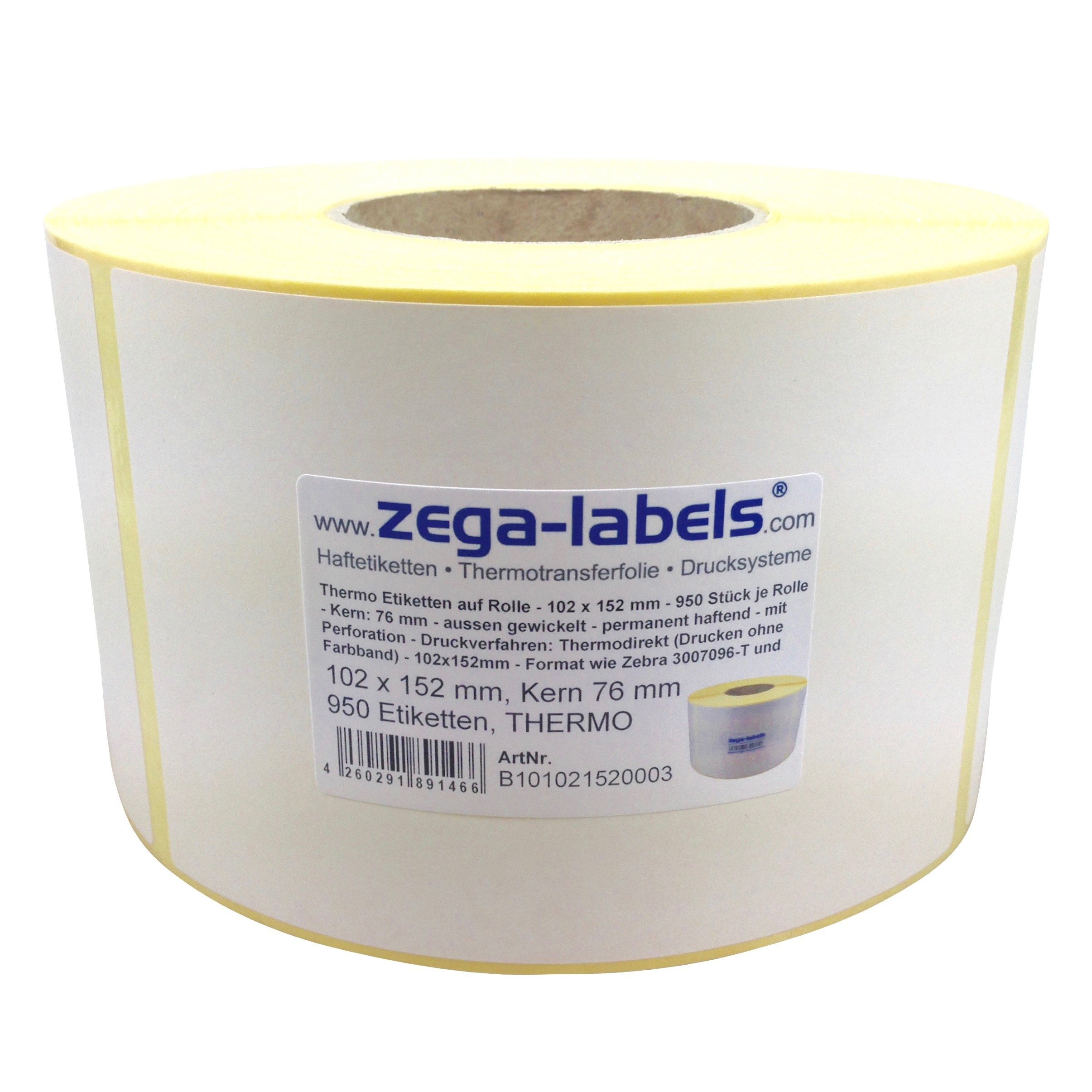 Labelident Thermoetiketten 102 x 152 mm - 475 auf Rolle, wasserfeste Thermodirekt-Folienetiketten für Zebra-Desktopdrucker, tiefkühl-geeignet, für Thermodrucker