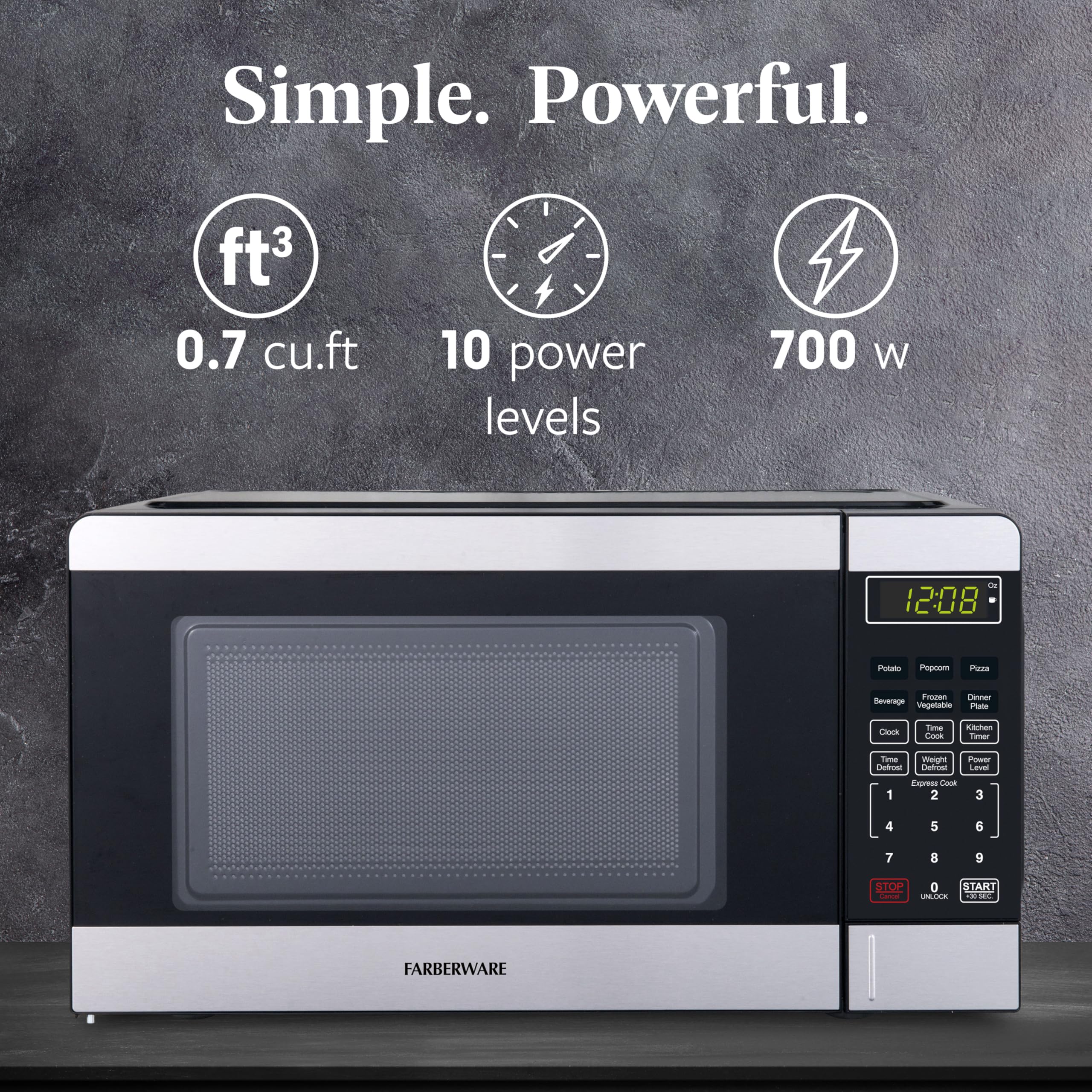 Farberware 0.7 Cu. Ft. Countertop Microwave Oven – 700 Watts Power, Auto Cook Settings, Defrost, Easy Clean and Child Safety Lock - Stainless and Black