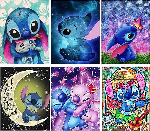 Paquete de 6 kits de pintura de diamantes de dibujos animados para adultos, kit de arte de diamantes de puntada, pintura de bricolaje con gemas
