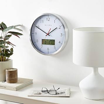 Bulova Manager Wall Clock C4810 | 14 Brushed Aluminum Industrial Frame with Digital Date & Temperature Display | Silent Sweep Quartz Movement | Battery Operated | Office & Home Decor
